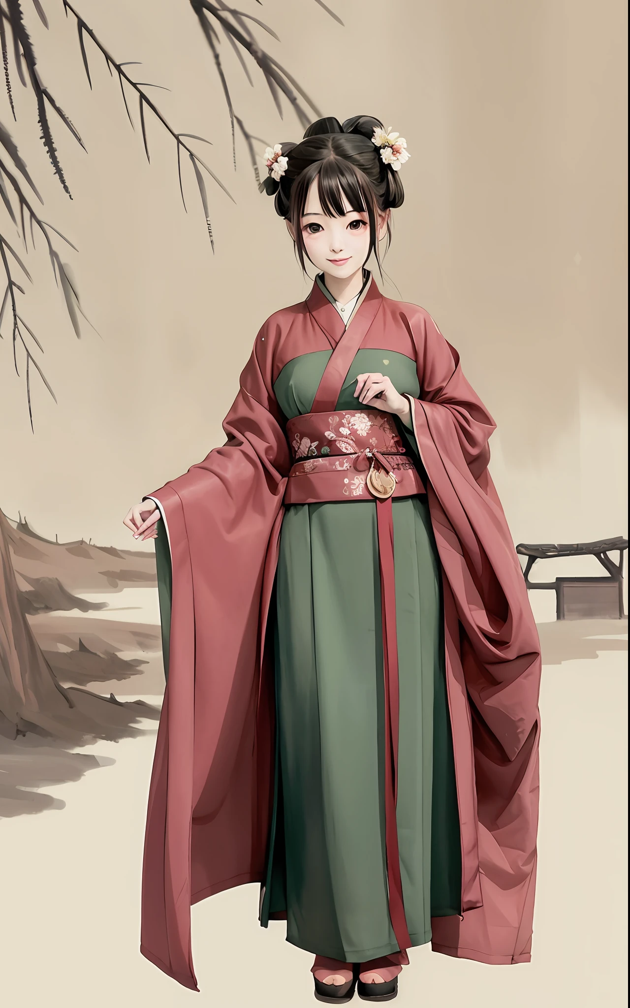 shukezouma, Negative space, , shuimobysim , Portrait of a woman standing , Willow branches, (Masterpiece, Best quality:1.2), Traditional Chinese Ink Painting, ModelShoot style, Peaceful, (Smile), view the viewer, wearing long hanfu, Hanfu, Song, Willow tree in background, wuchangshuo,Full body like,