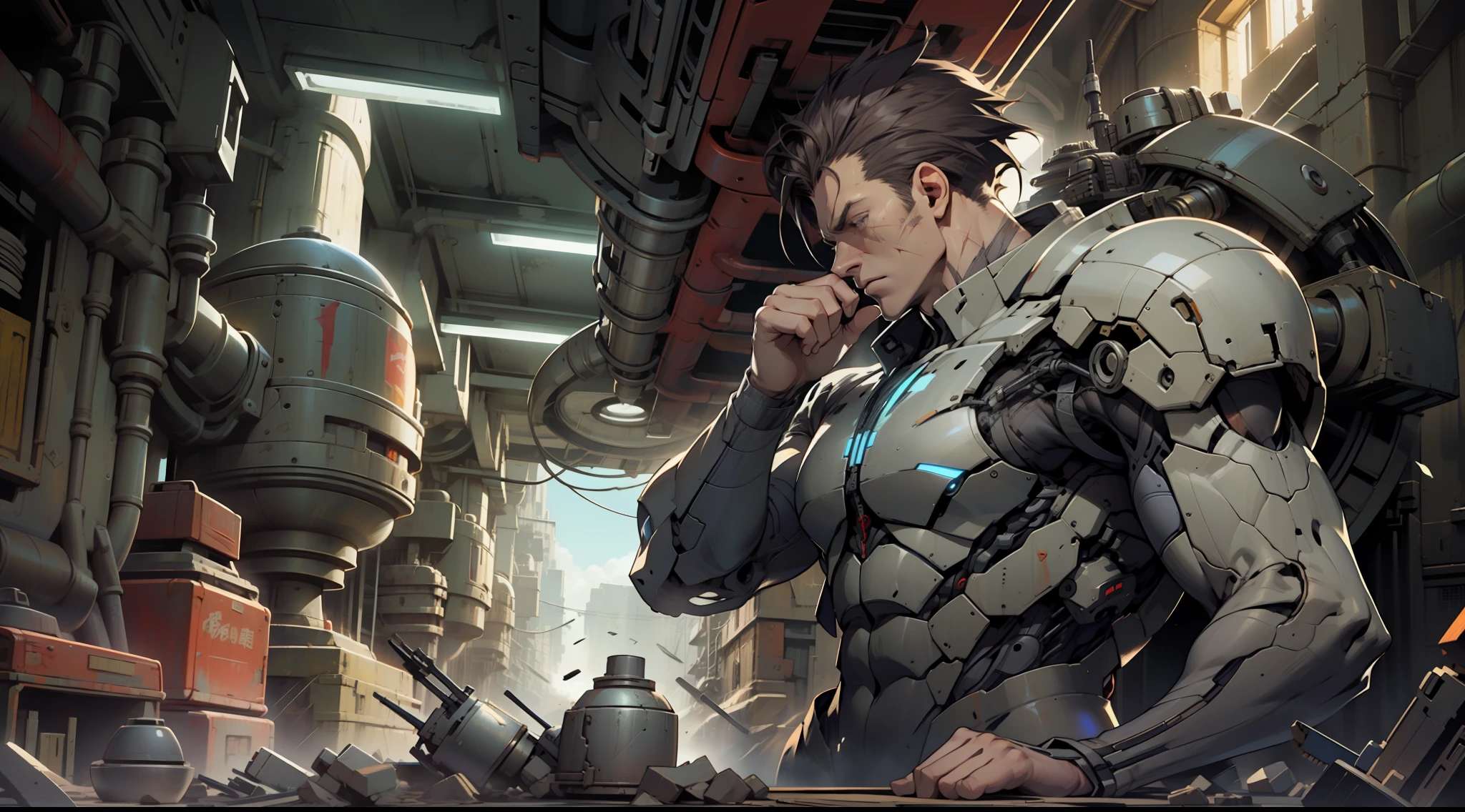 A domineering man,Half man, half machine,Heavy artillery in hand,Asymmetrical hair,the scars,The picture looks up,废墟,Movie lighting,Dynamic with tension