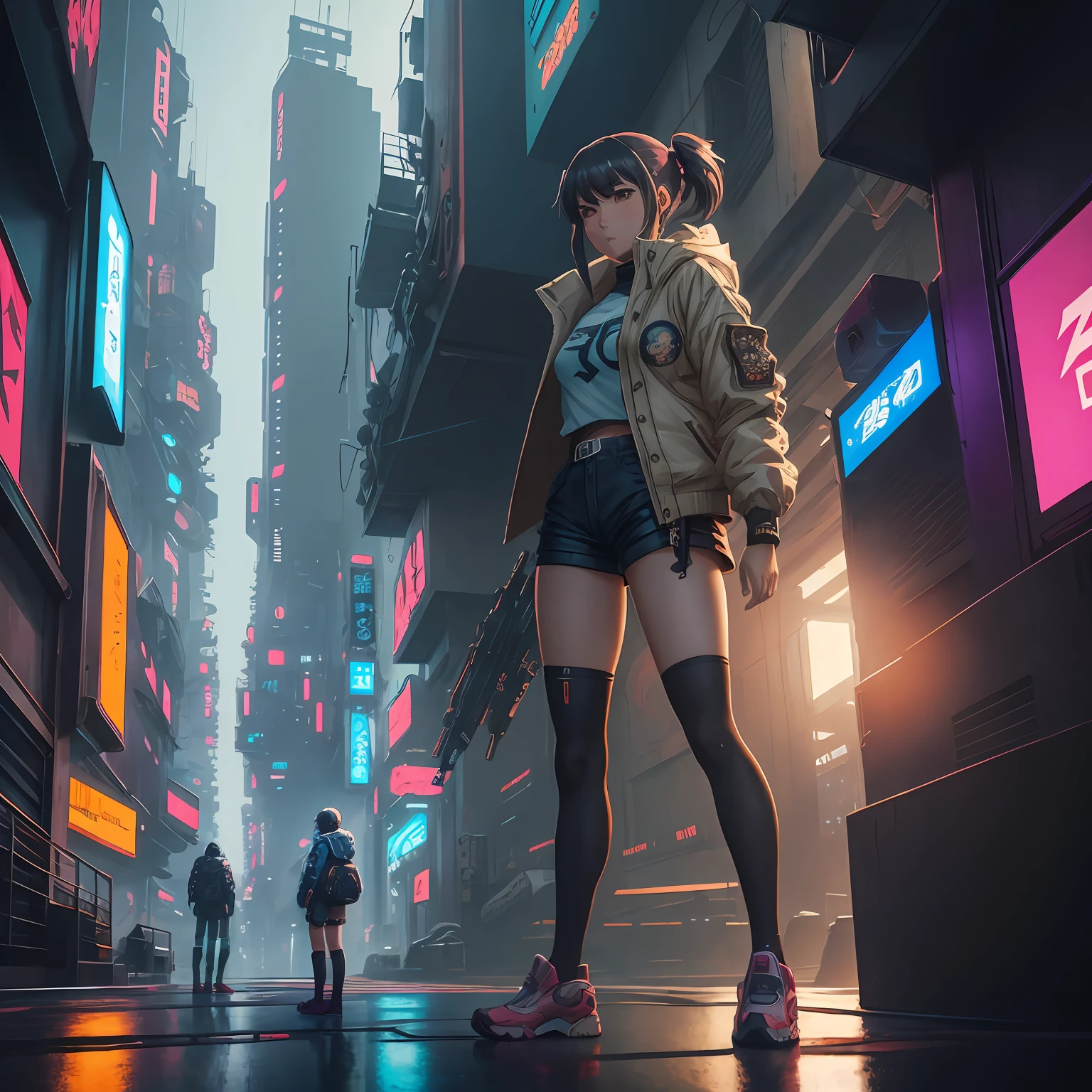 anime girl in short shorts and jacket standing next to giant robot, artwork in the style of guweiz, cyberpunk anime girl mech, trending on cgstation, guweiz, by Russell Dongjun Lu, digital cyberpunk anime art, ross tran 8 k, guweiz on artstation pixiv, girl in --auto