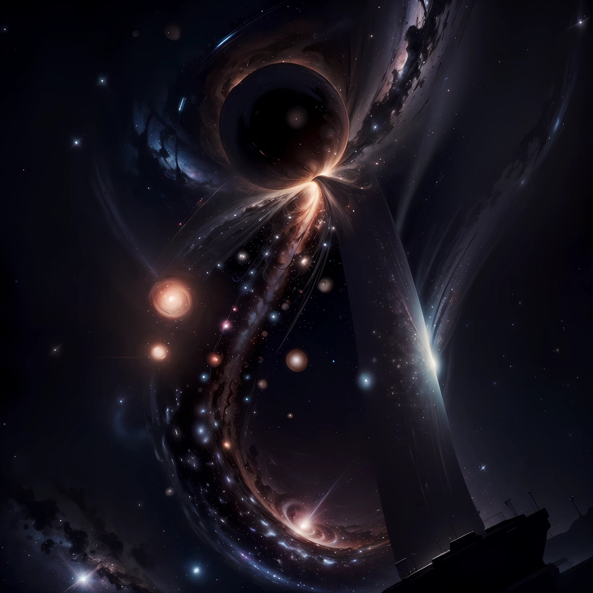 Black hole with accretion disk, Multiple neutron star pulses, Three giant red stars rotate each other and the Milky Way collides with the Andromeda Galaxy