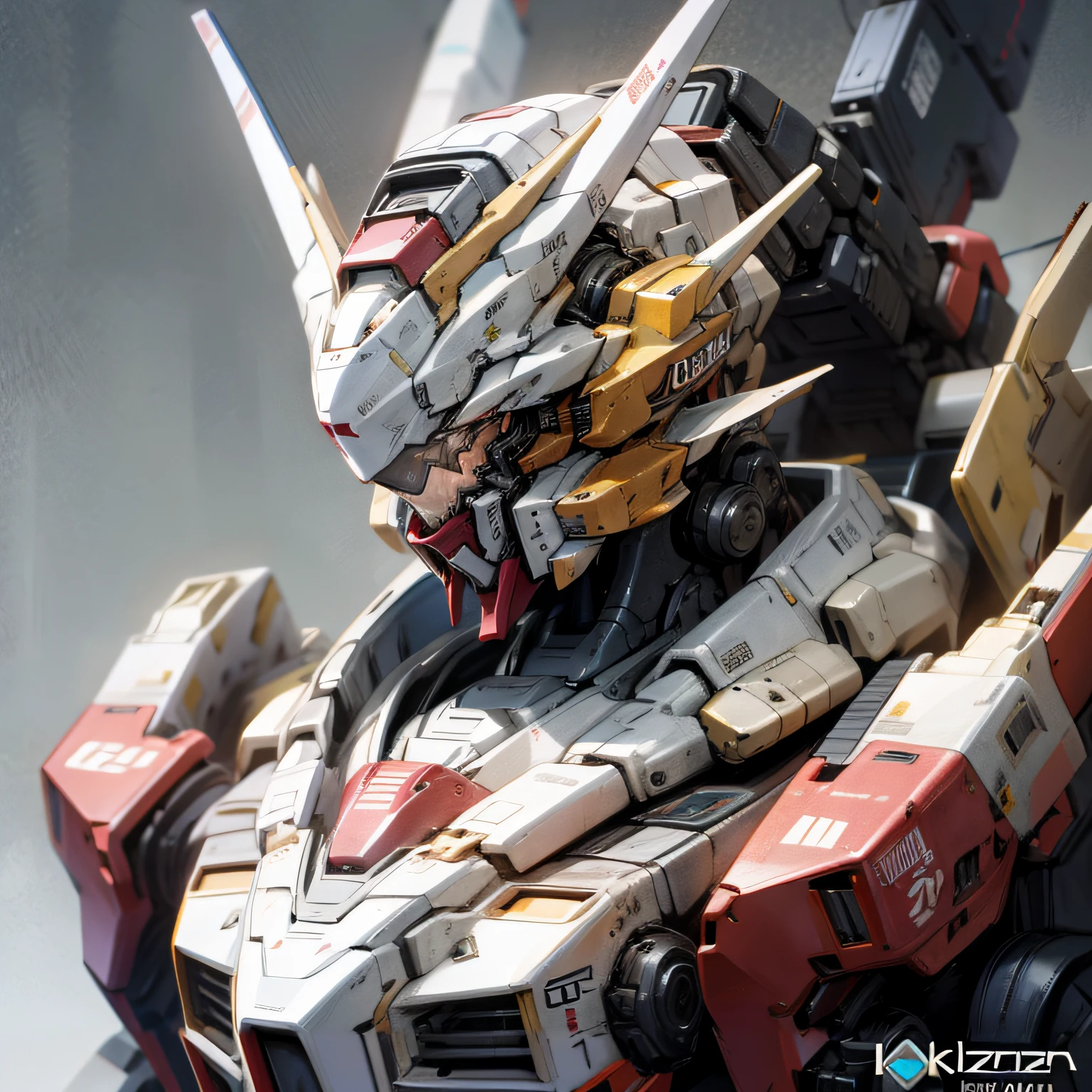 Close-up of robot model holding a sword, alexandre ferra white mecha, Alexander Ferra Mecha, by Krenz Cushart, 4k highly detailed digital art, cool mecha style, portrait of a mech, gundam head, gundam style, craig mullins style, krenz cushart and wenjun lin
