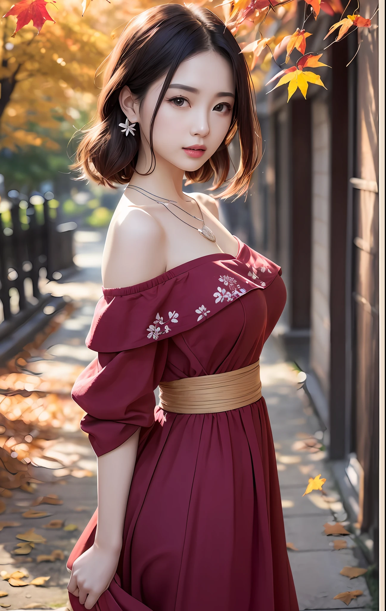 Beautuful Women、(top-quality、in 8K、32K、masterpiece、nffsw:1.3)、(Photorealsitic:1.4)、realisitic:1.2、Detailed skin、Sun glare、Detailed shading by sunlight、depth of fields、blurry backround、
kyoto、jpn、(Dark Red Off-Shoulder Dress)、((autumn day))、Colored leaves、ear ornament、lady's、a necklace、(Classy appeal:1.2)、breastsout、