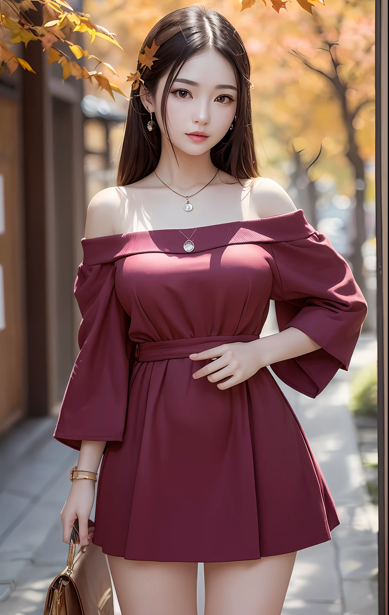 Beautuful Women、(top-quality、in 8K、32K、​masterpiece、nffsw:1.3)、(Photorealsitic:1.4)、realisitic:1.2、Detailed skin、Sun glare、Detailed shading by sunlight、depth of fields、blurry backround、
kyoto、jpn、(Dark Red Off-Shoulder Dress)、((autumn day))、Colored leaves、ear ornament、lady's、a necklace、(Classy appeal:1.2)、breastsout、