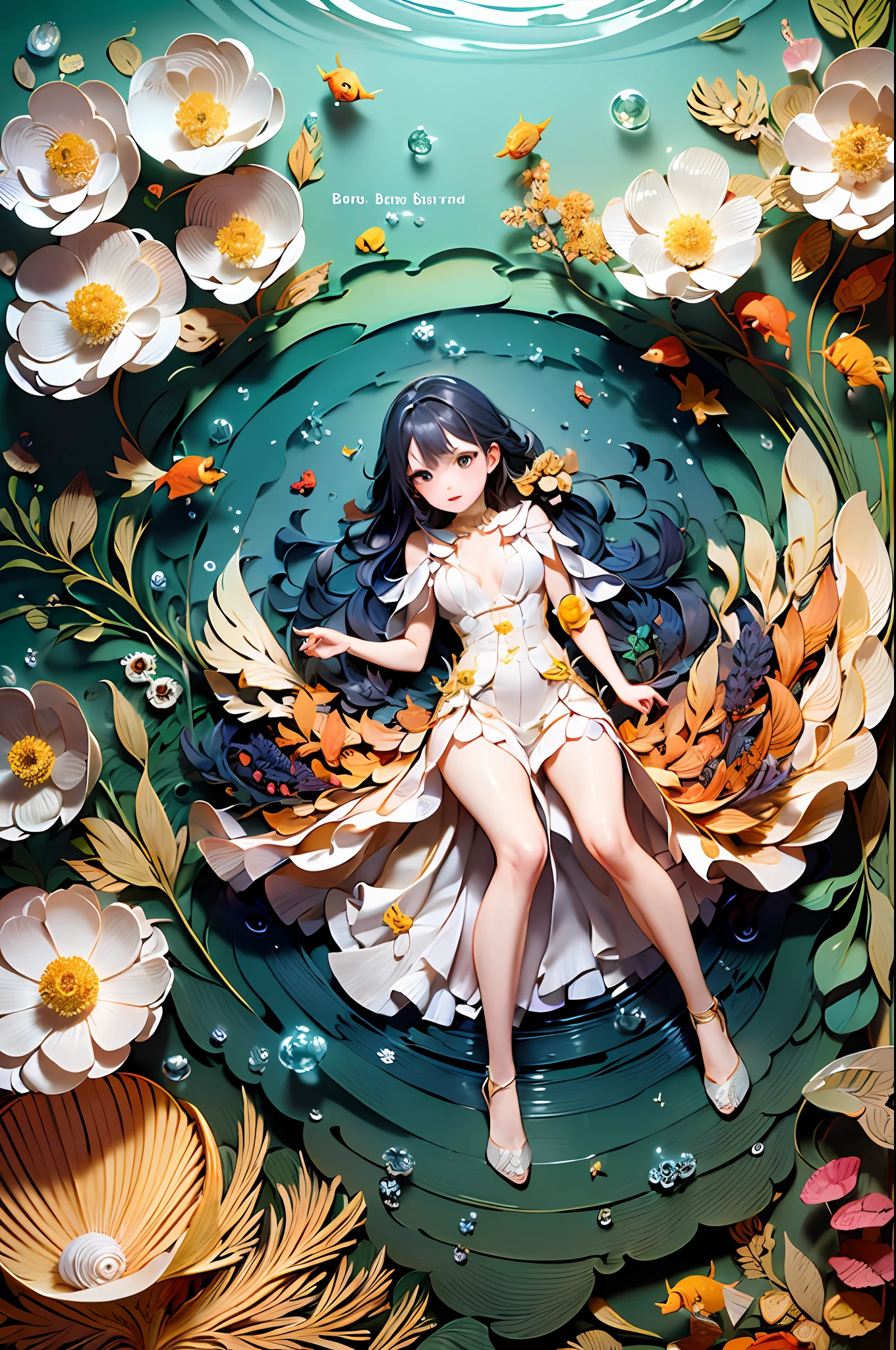 ((Masterpiece,best quality,illustration,best color)), 1 Girl, Full Body, Colorful, Yellow Cloth, (Water), Seaweed, (Goldfish,Shell,Mini octopus), (Hyper-Detailed:1.2), Delicate, Aesthetic, Beautiful, White Background, Unified 8k wallpaper