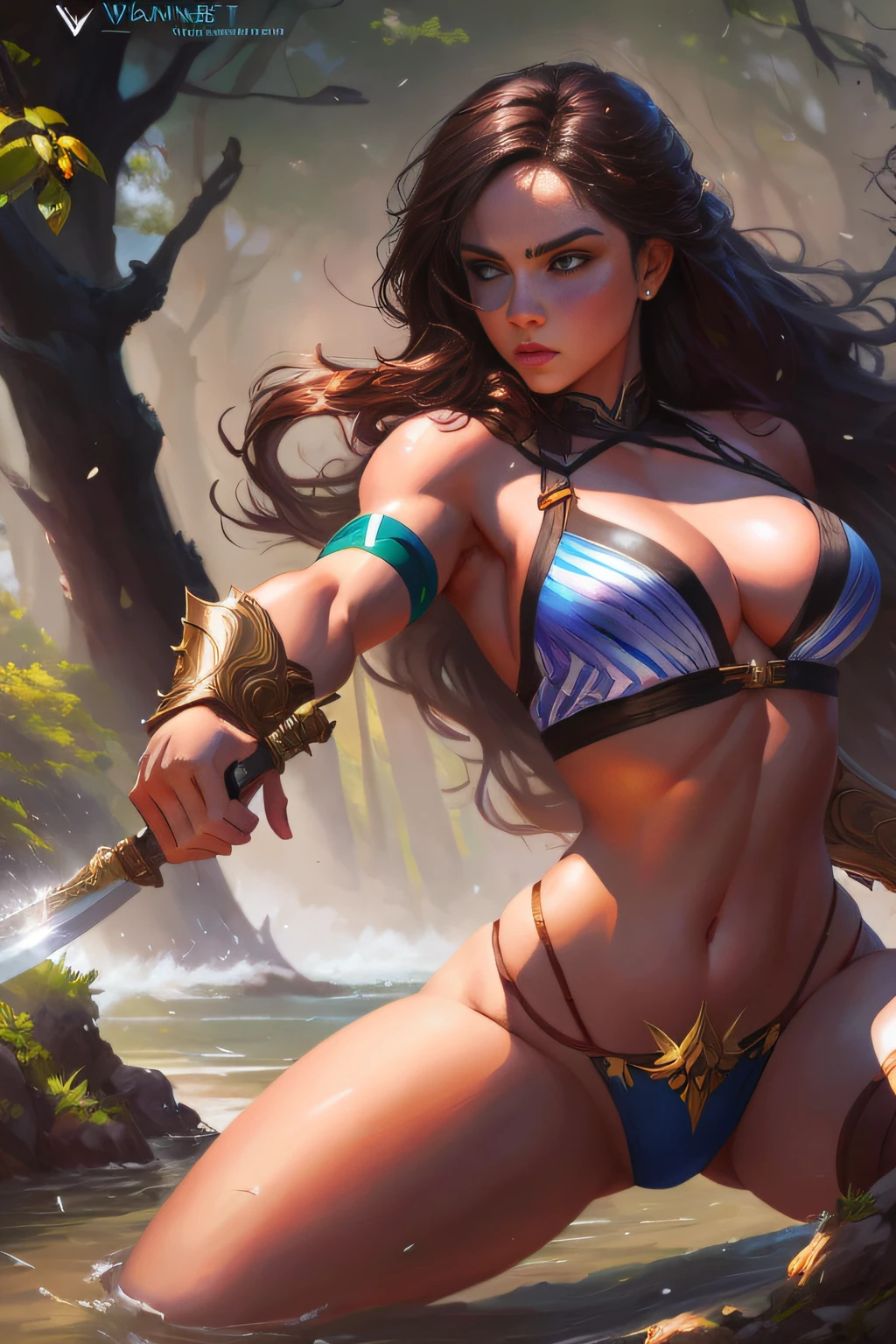 A woman in a bikini and a sword in a forest, Alena Aenami e Artgerm, Artgerm extremamente detalhado, Wojtek FUS, Arte de fantasia 4k, wlop e artgerm, fanart melhor artstation, deviantart artstation cgscosiety, Wlop Ross, O melhor da artstation, Estilo Artgerm