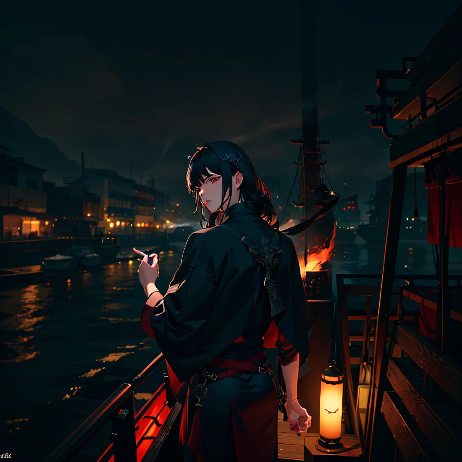 Smoke and rain Gangnam, The back of an immortal boat on the river, jade pendant on waist, Black hair, Asymmetrical hair, Cinematic lighting, Motion blur, god light, Ray tracing, Vignetting, High detail, Realism, Masterpiece,mtu,Broad perspective,Faraway view,Wear a cape on his head,Back Shadow --auto