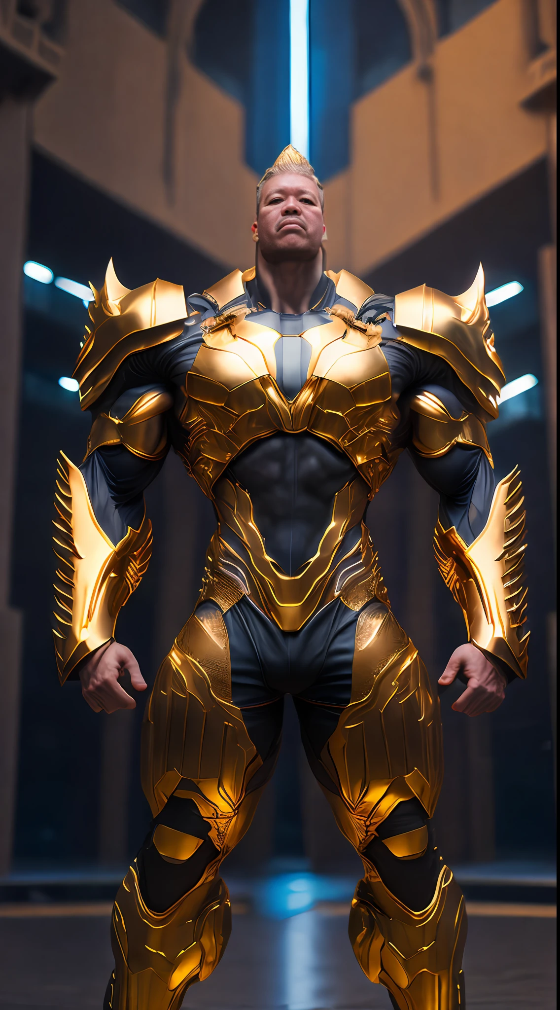 a hyper super muscle human being covered with golden armor, hyper detailed, biomechanical, complex, full growth, hyperrealistic, insane small details, extremely clean lines, cyberpunk aesthetic, masterpiece featured on Zbrush Central, gothic brutalist cathedral, cyberpunk, award-winning photo, bokeh, neon lights, cybernetic limb