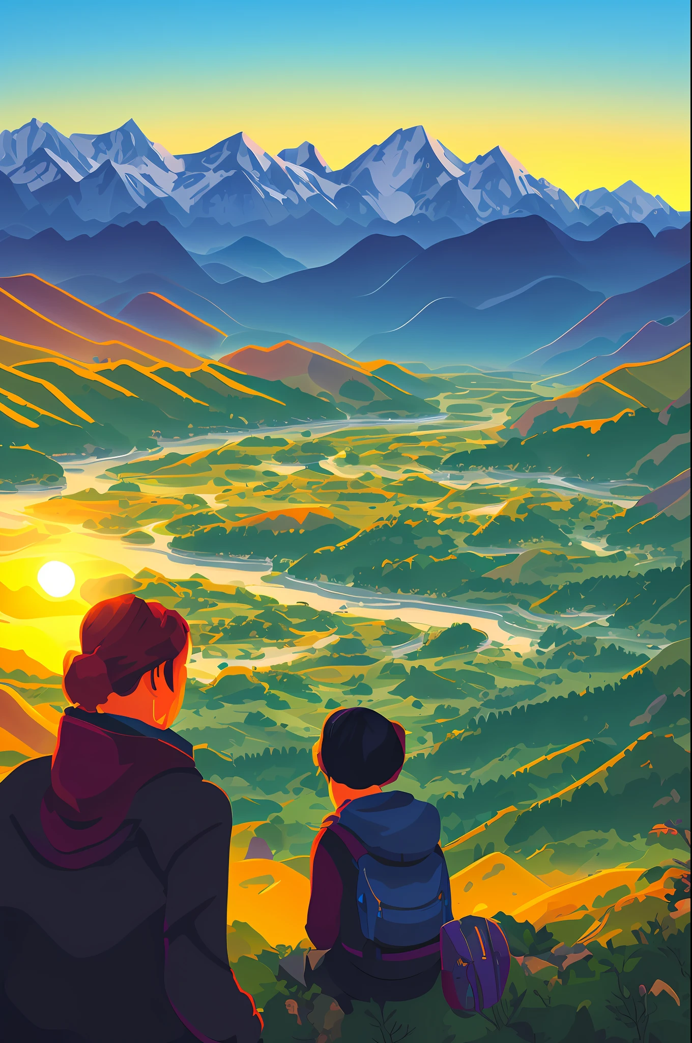 Mountains,A river flows in the mountains,A person looking at the setting sun in the distance
Vector art, Kurzgesagt, Sharp focus, (hdr), (8K), (gigapixel), ((Masterpiece))