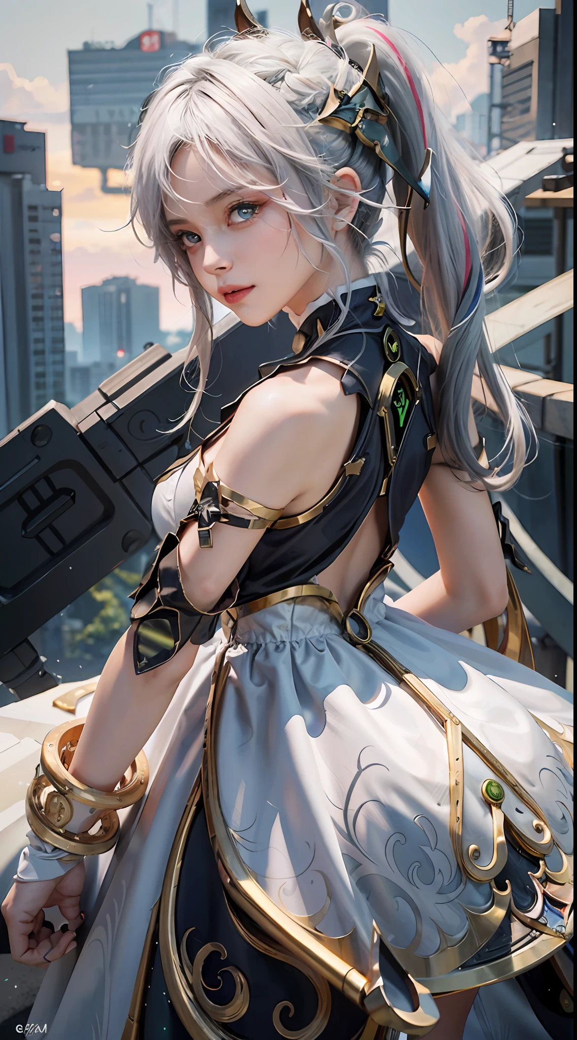 1girll,araffed robot with a gun and a gun in its hand, Seductive body,Super cute girl,Monster background,Godzilla background,Huge mech back, female mecha, wlop and krenz cushart, 4k highly detailed digital art, anime robotic mixed with organic, High quality digital concept art, by Krenz Cushart, cyberpunk anime girl mech,Pink and white mech, girl in mecha cyber armor, Impressive face, delicated face,facial closeups,Elaborate Eyes, Handsome fighting stance,Particle,High detail in light and shadow,Push back feeling,future warrior,Exquisite body details,Best Tech Poster,Best 4k anime wallpapers,Reasonable body structure,Short pink and white hair,Hair details of the mechanism,Reasonable body structure,laser,wing,Cool weapon,A body,Reasonable body structure