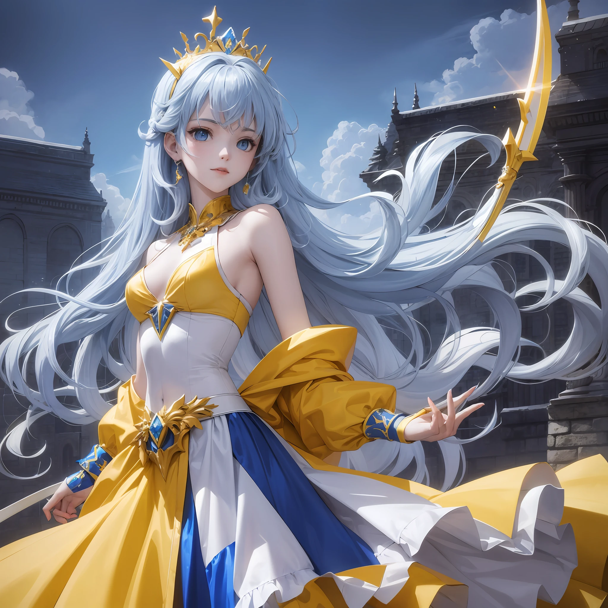 s girl,Put on a blue, white and yellow mech,A pair of translucent mech wings grow on the back,laughingly,Wear a crown encrusted with yellow gemstones,A half body,Hold a long sword in your right hand,The sword points ahead,blood on sword,Half-held in his left hand a red gemstone,In the background is an abandoned castle,The sky is filled with clouds, Lightning and thunder, --auto