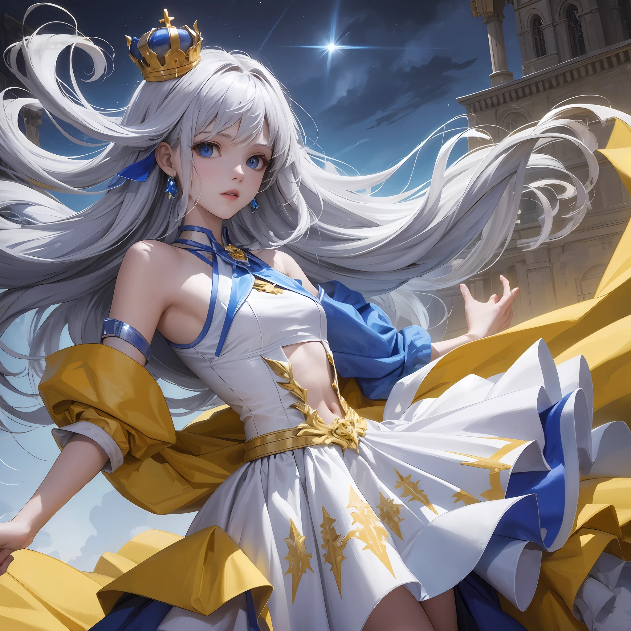 teens girl，Put on a blue, white and yellow mech，A pair of translucent mech wings grow on the back，laughingly，Wear a crown encrusted with yellow gemstones，A half body，Hold a long sword in your right hand，The sword points ahead，blood on sword，Half-held in his left hand a red gemstone，In the background is an abandoned castle，The sky is filled with  clouds, Lightning and thunder， --auto