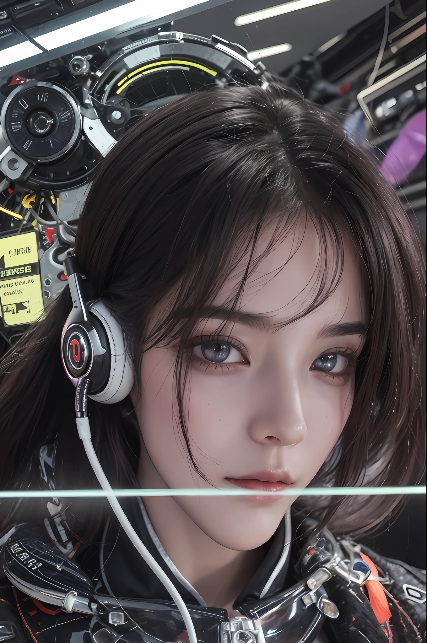 top-quality、masterpiece、超A high resolution、(Photorealsitic:1.4)、Raw photo、女の子1人、Black hair、glowy skin、1 Mechanical Girl、((super realistic details))、Portrait、Global Illumination、Shadow、Octane Render、8K、ultrasharp、huge tit、Raw skin is exposed in cleavage、Metal、Details of complex ornaments、headset on head、Hydraulic cylinder、highly intricate detail、Realistic light、CGSoation Trends、Purple eyes、Glowing eyes、Facing the camera、neon details、Mechanical limbs、blood vessels connected to tubes、Mechanical vertebrae attached to the back、mechanical cervical attaching to neck、Sitting、Wires and cables connecting to the head、Evangelion、Cyberpunk、Small LED lamp、CPU、Luminous tube、perfectly proportions、The background is the cockpit of a futuristic spaceship、