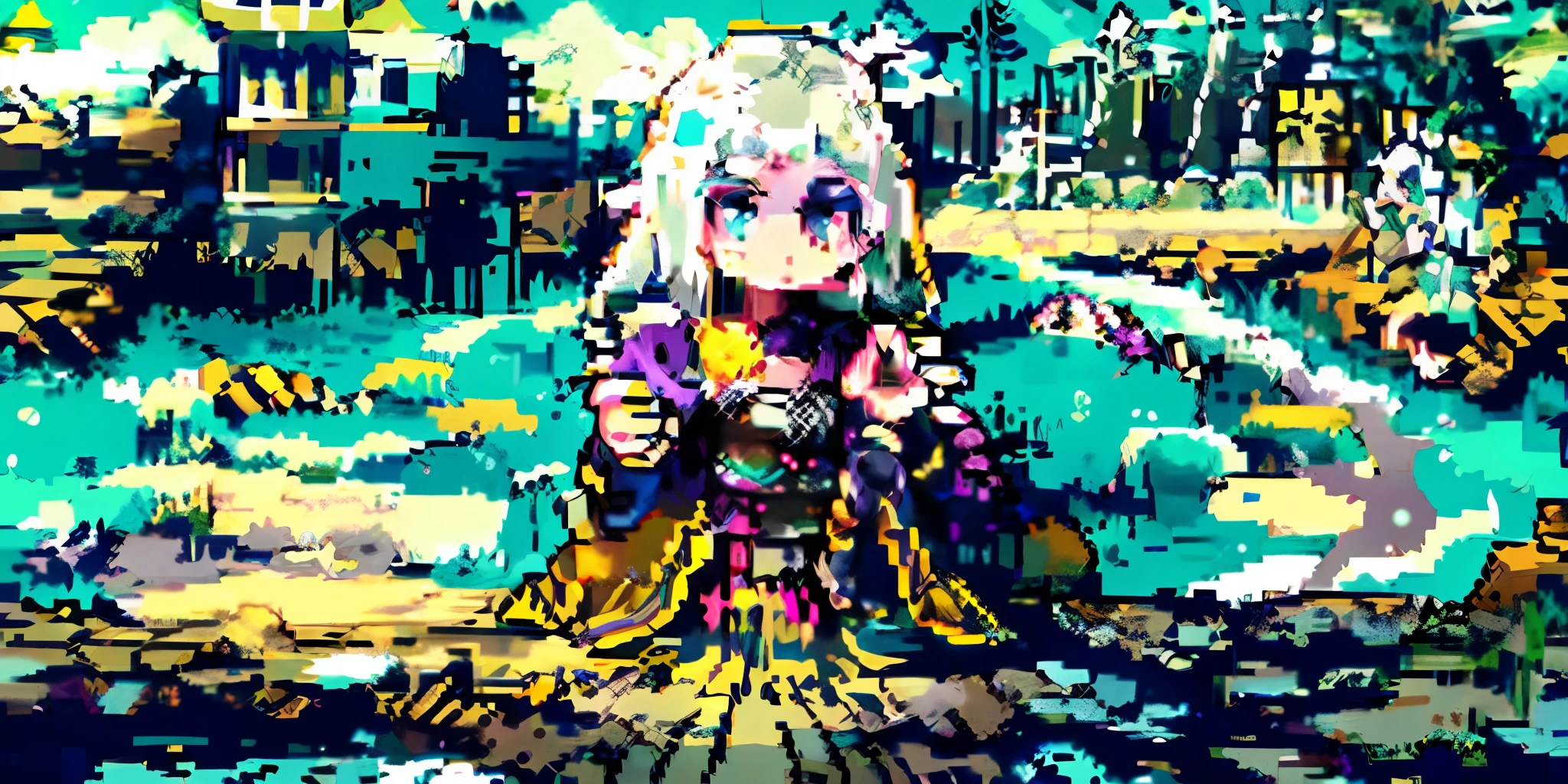 Doomsday ruins background,White-haired girl,Sitting on the steps next to the beach,Hold the ground with your left hand,Block the sun with your right hand