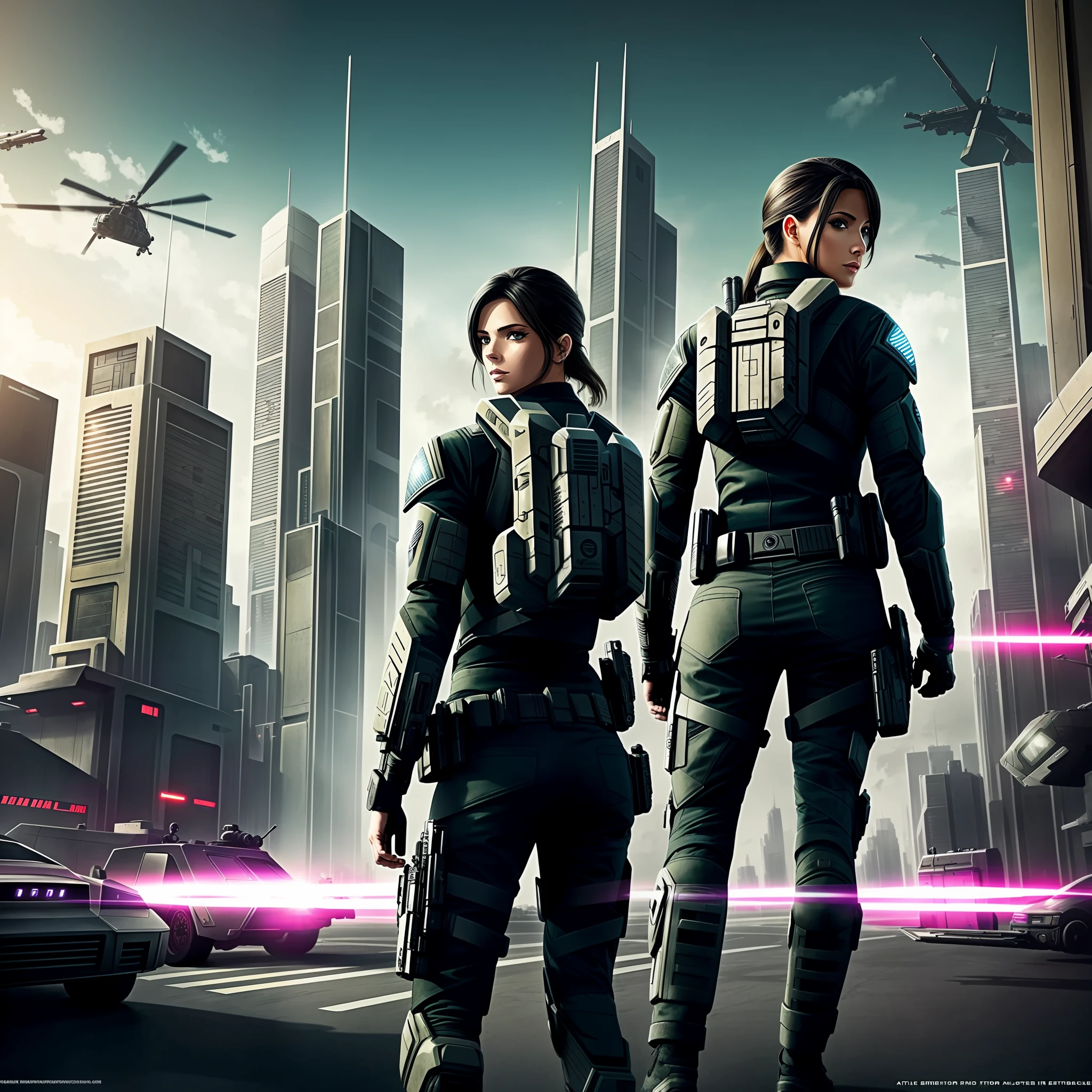 Sci-fi urban background, Tactical team, a beauty girl, --auto