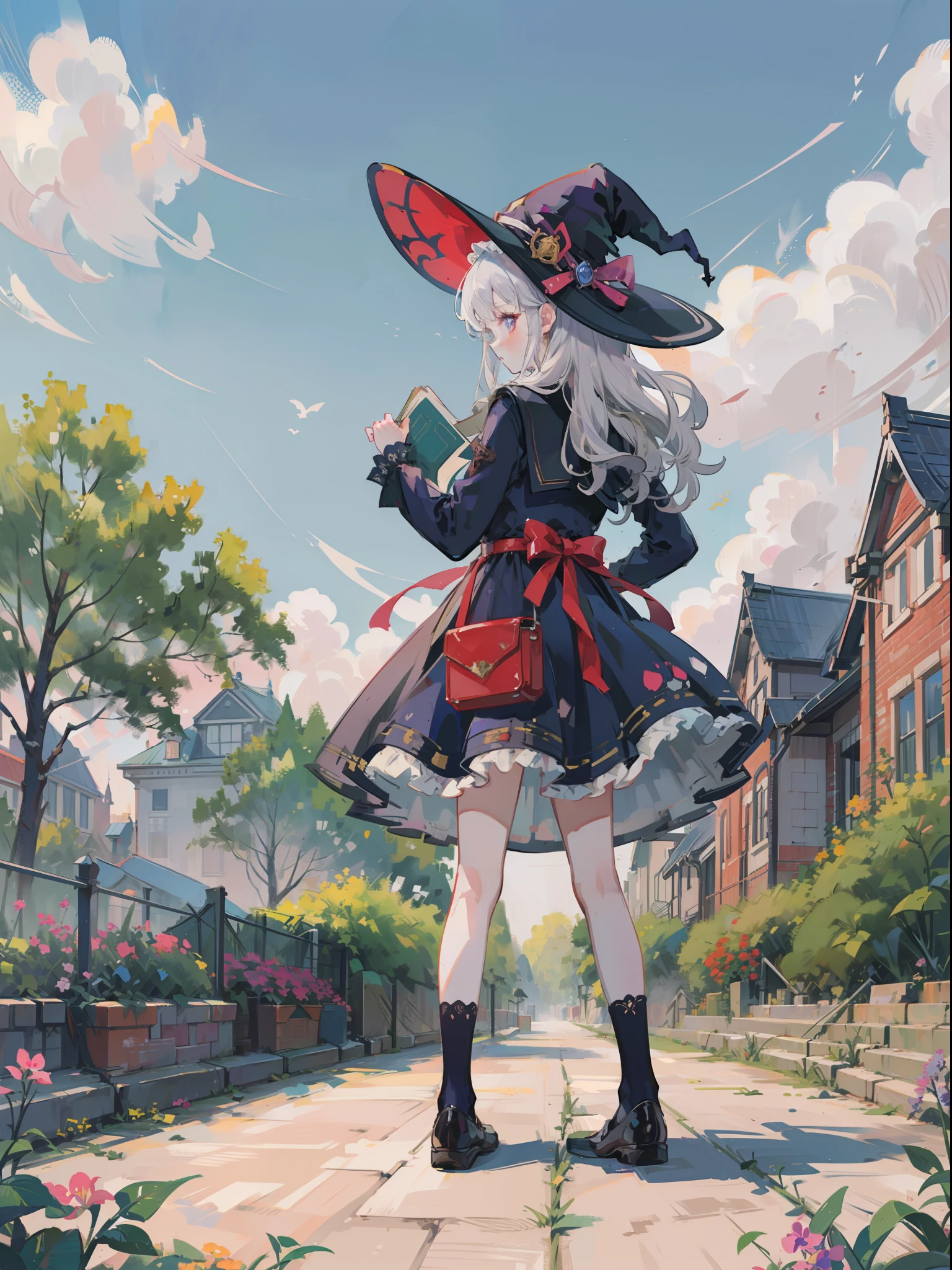 Witch's school garden with a high tower。A wizard girl about 18 years old is looking back。up of face。I have a spellbook in my hand。composition seen from below。Lilac wavy hair。Witch dress with beautiful frills and decorations。Big witch's hat。overknee socks。A brick road leads to a magical brick school building。Near and far law。blue open sky。Dynamic composition with depth。Extremely high quality、high-level image quality、Extremely delicate drawing。Rarely seen workmanship
