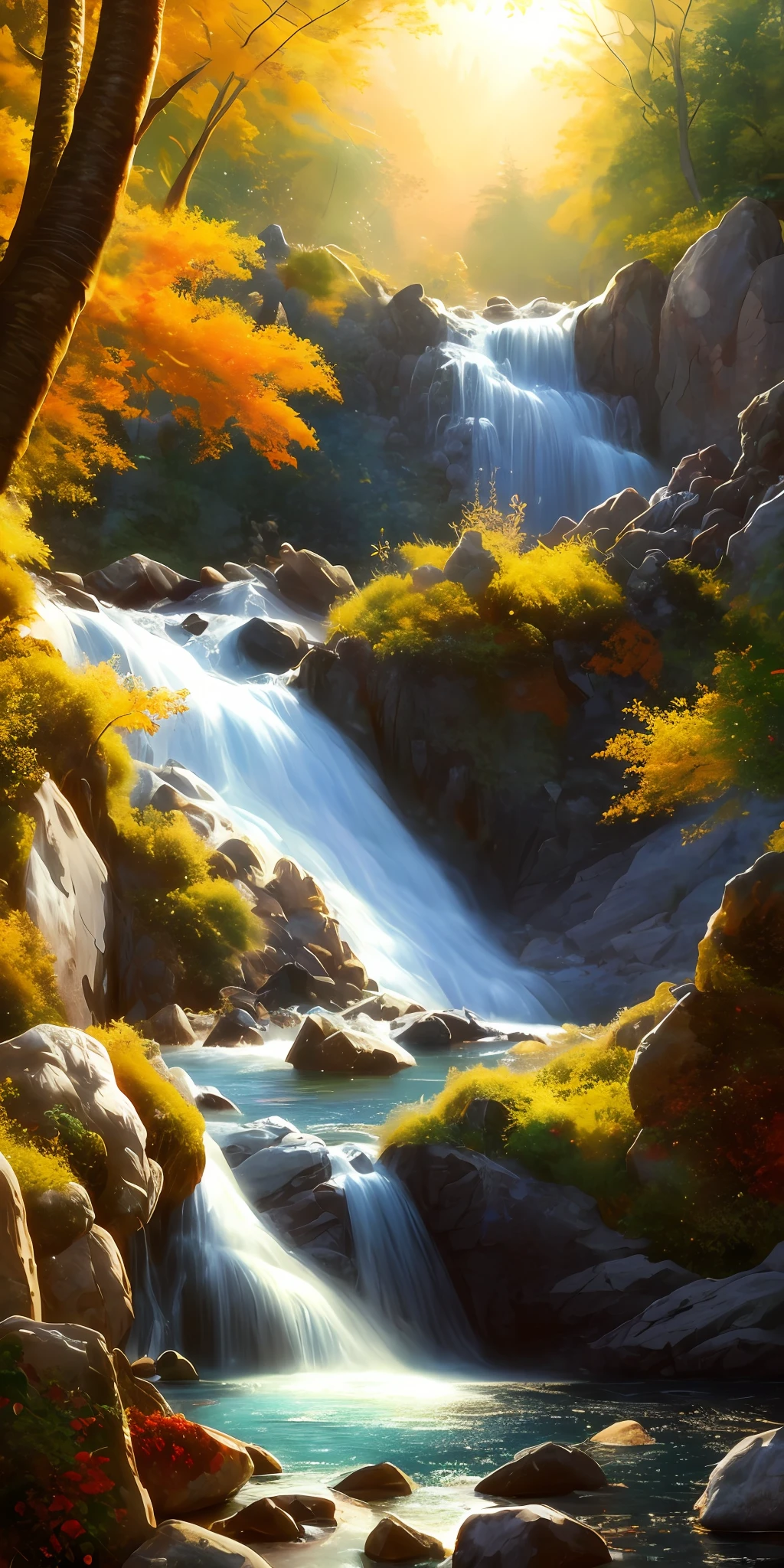 style, ChromaV5, nvinkpunk, (extremely detailed 8k CG unit wallpaper), An illustration of a bright and majestic waterfall falling on a rocky cliff, illuminated by the bright sun, The water glows as it falls, casting a rainbow of colors, the surrounding landscape is lush and verdant, with tall trees and wildflowers, award-winning photography, chromatic aberration; Geometric shapes; Bokeh, depth of field, photorealistic, detailed, flower, HDR, oil painting by John Singer Sargent, Frederic Church and Thomas Moran, trend at ArtStation, trend at CGSociety, art in the middle of the journey