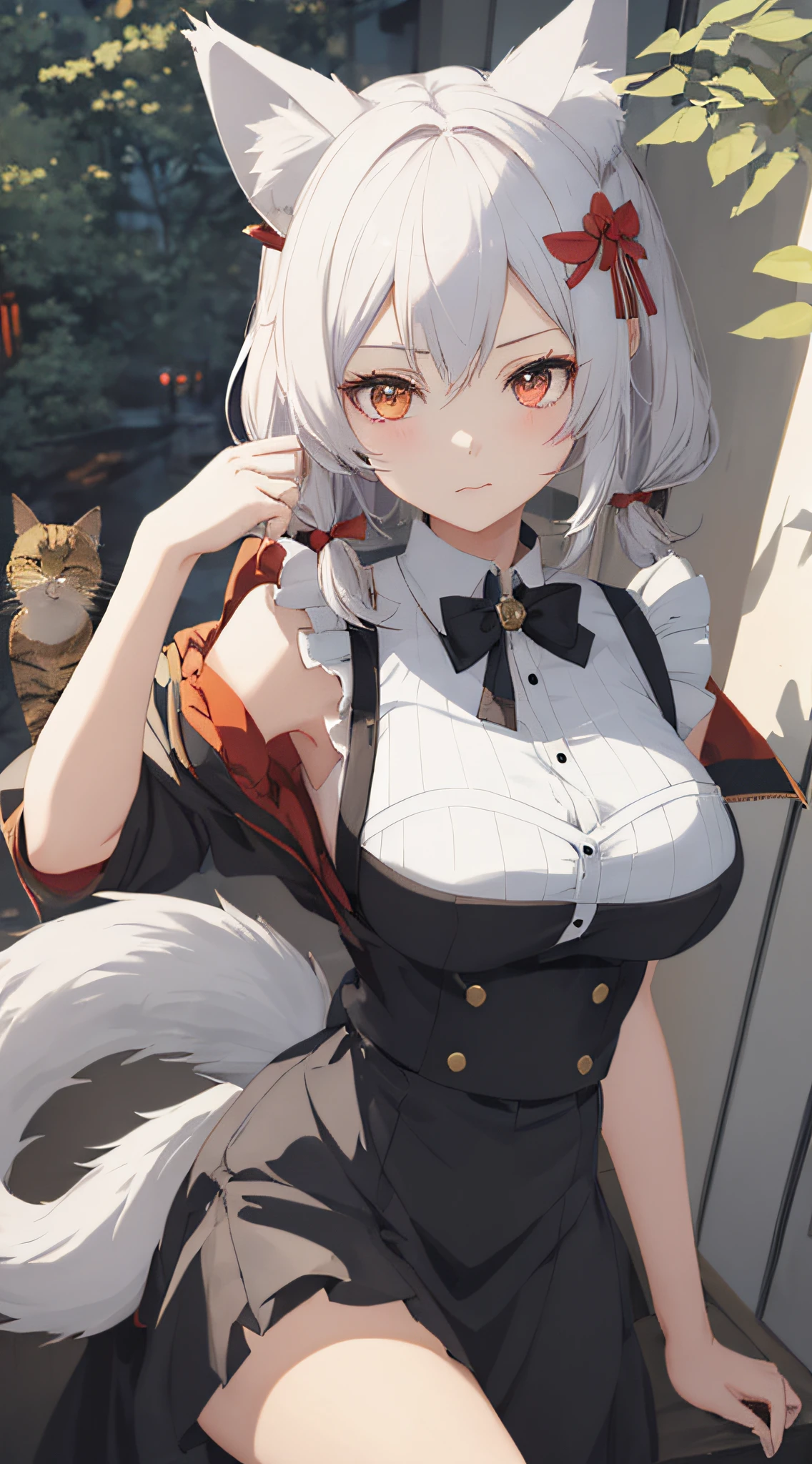 short detailed hair, nedium breasts,, Medium breast, hair adornments, pigtails, underdressing, stocklings, brunette color hair、anime girl with a cat ear and a bow tie, cute anime catgirl, beautiful anime catgirl, anime catgirl, anime girl with cat ears, portrait of ahri, ahri, Very beautiful anime cat girl, Anime moe art style, Girl with fox ears, anime cat, Girl with cat ears, anime visual of a cute cat,Virtual YouTuber,nedium breasts,Wolf tail,a sexy maid in a magical forest, Detailed fanart, author:Kamagurka,Exposed milk
