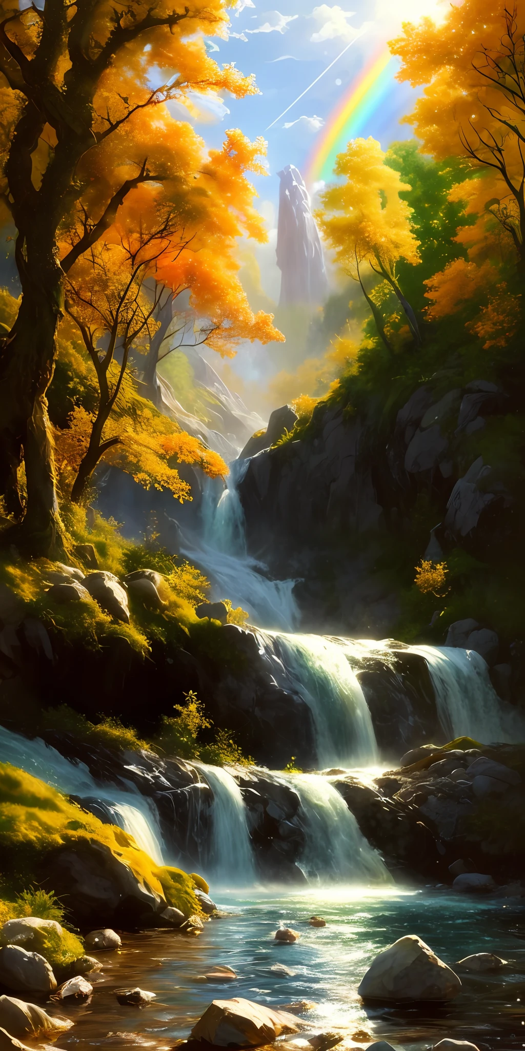 style, ChromaV5, nvinkpunk, (extremely detailed 8k CG unit wallpaper), An illustration of a bright and majestic waterfall falling on a rocky cliff, illuminated by the bright sun, The water glows as it falls, casting a rainbow of colors, the surrounding landscape is lush and verdant, with tall trees and wildflowers, award-winning photography, chromatic aberration; Geometric shapes; Bokeh, depth of field, photorealistic, detailed, flower, HDR, oil painting by John Singer Sargent, Frederic Church and Thomas Moran, trend at ArtStation, trend at CGSociety, art in the middle of the journey