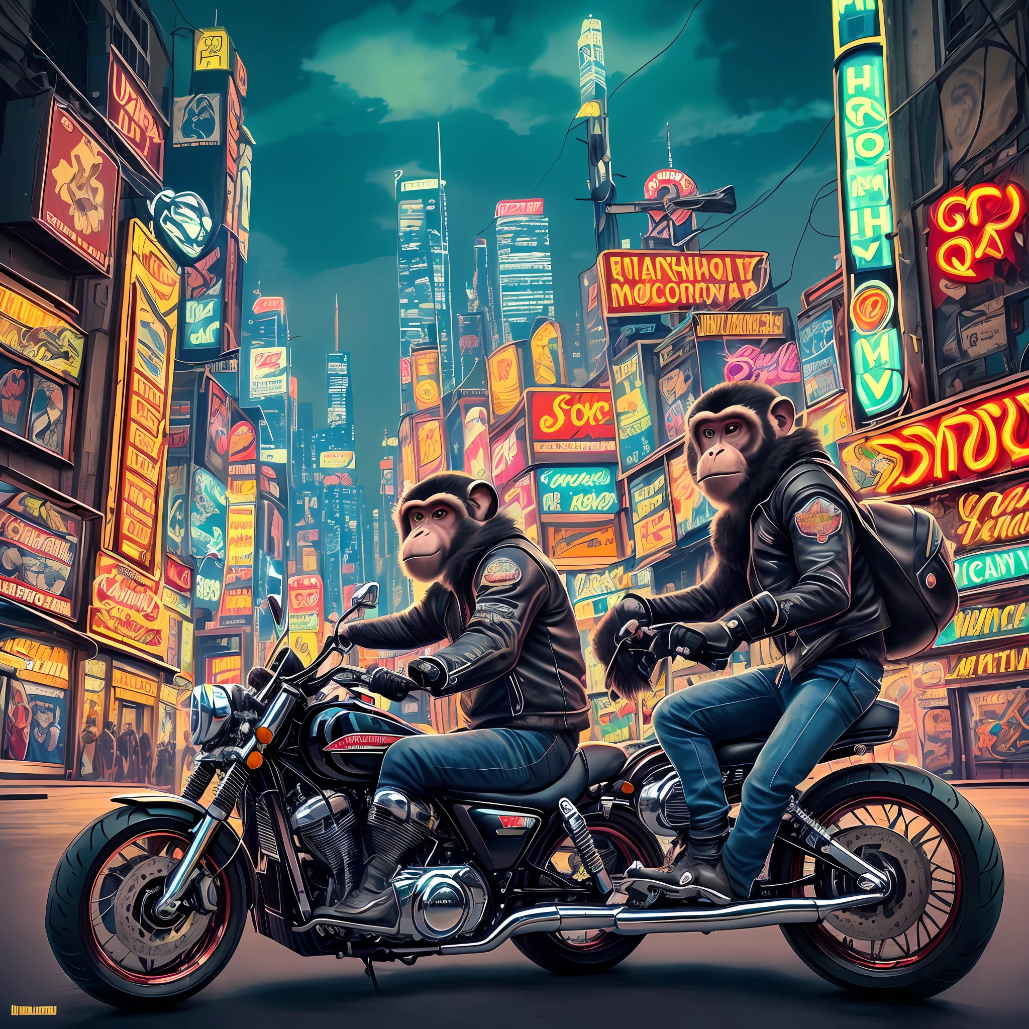 ((Best quality)),((ultradetailed)), ((Masterpiece)), illustration,

Estrutura da cena: Animal anthropomorphic monkey as gangster, There is a monkey's face and a human body. He is muscular，There are tattoos on the body. He rides a motorcycle in town, The tall buildings behind him flickered，Flashing neon.

Prompt composition: Monkey hooligans, animal personification, riding motorcycles, tattooed body, musculous, view over city, Tall structures, neonlight --auto