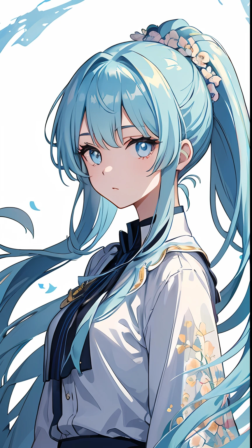 (masterpiece), (best quality), (ultra detailed),(disheveled hair),(illustration), (1girl), (Fashionable clothing), standing, Fashion model, looking at viewer, (interview), (simple background),beautiful detailed eyes, delicate beautiful face, Floating,(high saturation),(colorful splashes),colorful bubble,(shining), focus on face, ponytail, kamisato ayaka, light blue hair, bangs, hair ring, floating flowers, floating hairs, (shining), best lighting, best shadow,