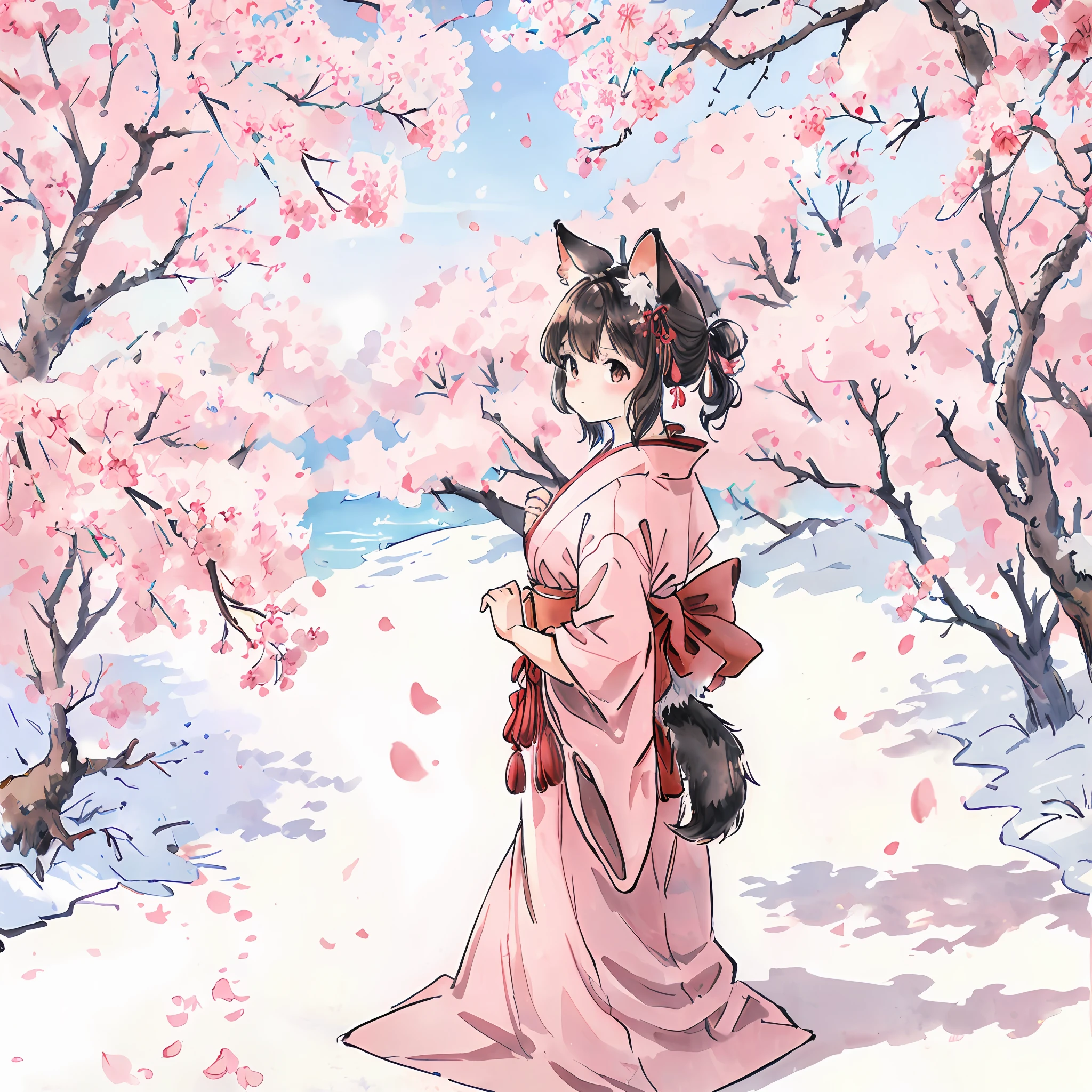 masterpiece, kimono, The cherry tree, cherry blossoms dancing in the wind(super cute 1girl, solo, kemono, furry anthro)(animal ear, animal tail),