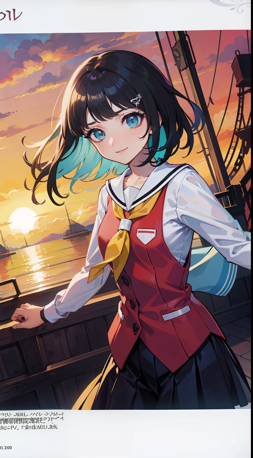 Anime characters in business clothes。ssmile,rays of sunshine,Behind it is a sailing ship,concept art by Kamisaka Sekka, Pisif, Sots Art, ace attorney style, rimuru and milim, puce and vermillion, offcial art, vermillion and cyan, digital art from danganronpa, Medium shots of the character, official character art