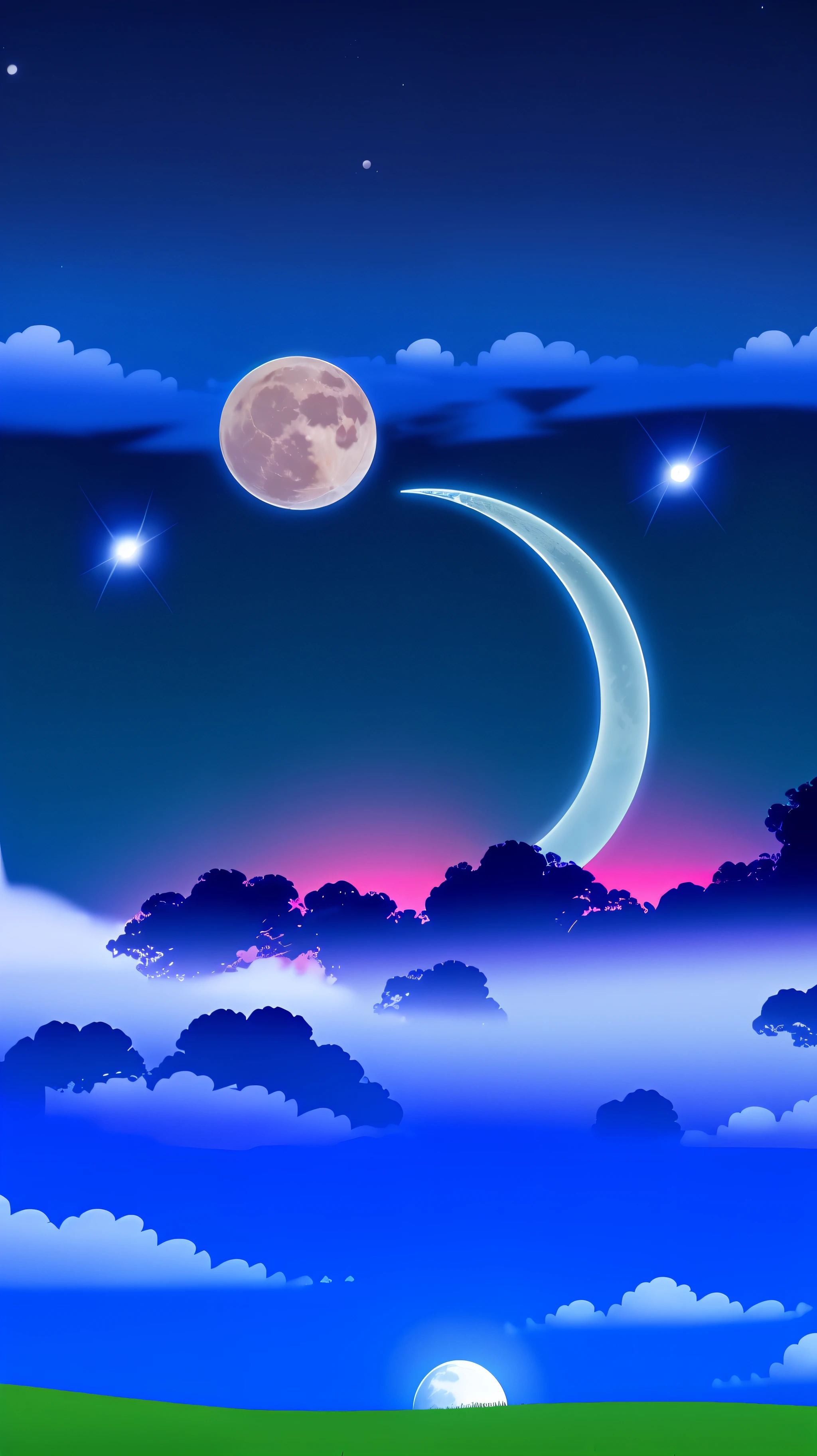 The sky adds a bright moon and five stars