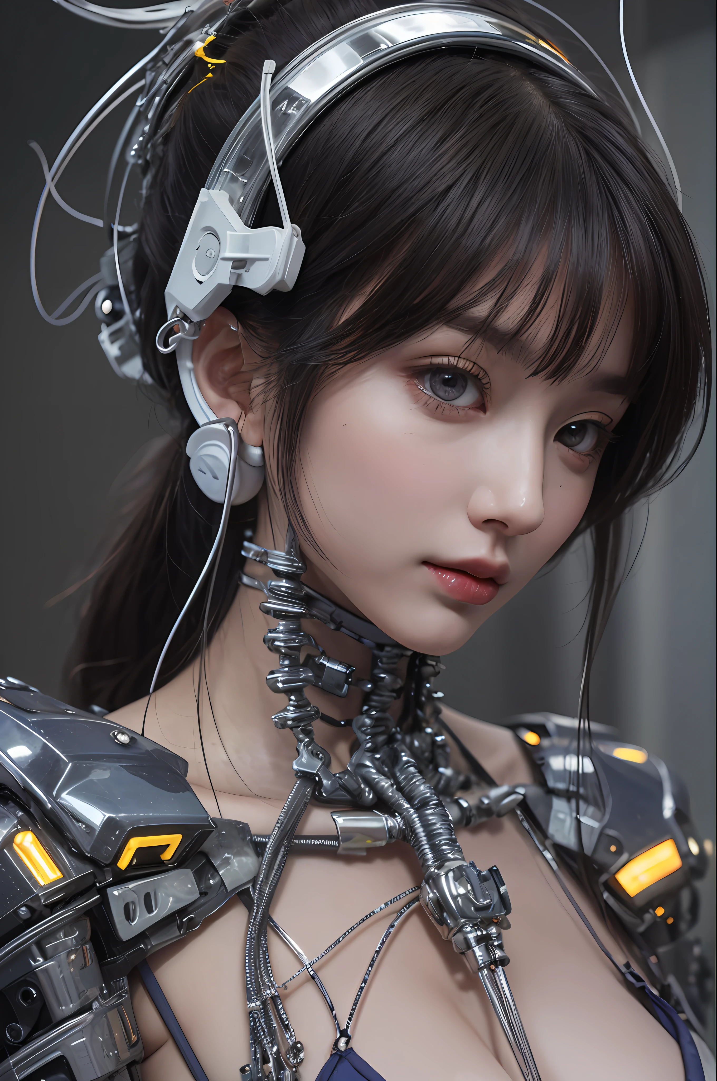 top-quality、​masterpiece、超A high resolution、(Photorealsitic:1.4)、Raw photo、女の子1人、Black hair、glowy skin、1 Mechanical Girl、((super realistic details))、Portrait、Global Illumination、Shadow、Octane Render、8K、ultrasharp、huge tit、Raw skin is exposed in cleavage、Metal、Details of complex ornaments、headset on head、Hydraulic cylinder、highly intricate detail、Realistic light、CGSoation Trends、Purple eyes、Glowing eyes、Facing the camera、neon details、Mechanical limbs、blood vessels connected to tubes、Mechanical vertebrae attached to the back、mechanical cervical attaching to neck、Sitting、Wires and cables connecting to the head、Evangelion、Cyberpunk、Small LED lamp、CPU、Luminous tube、perfectly proportions、The background is the cockpit of a futuristic spaceship、