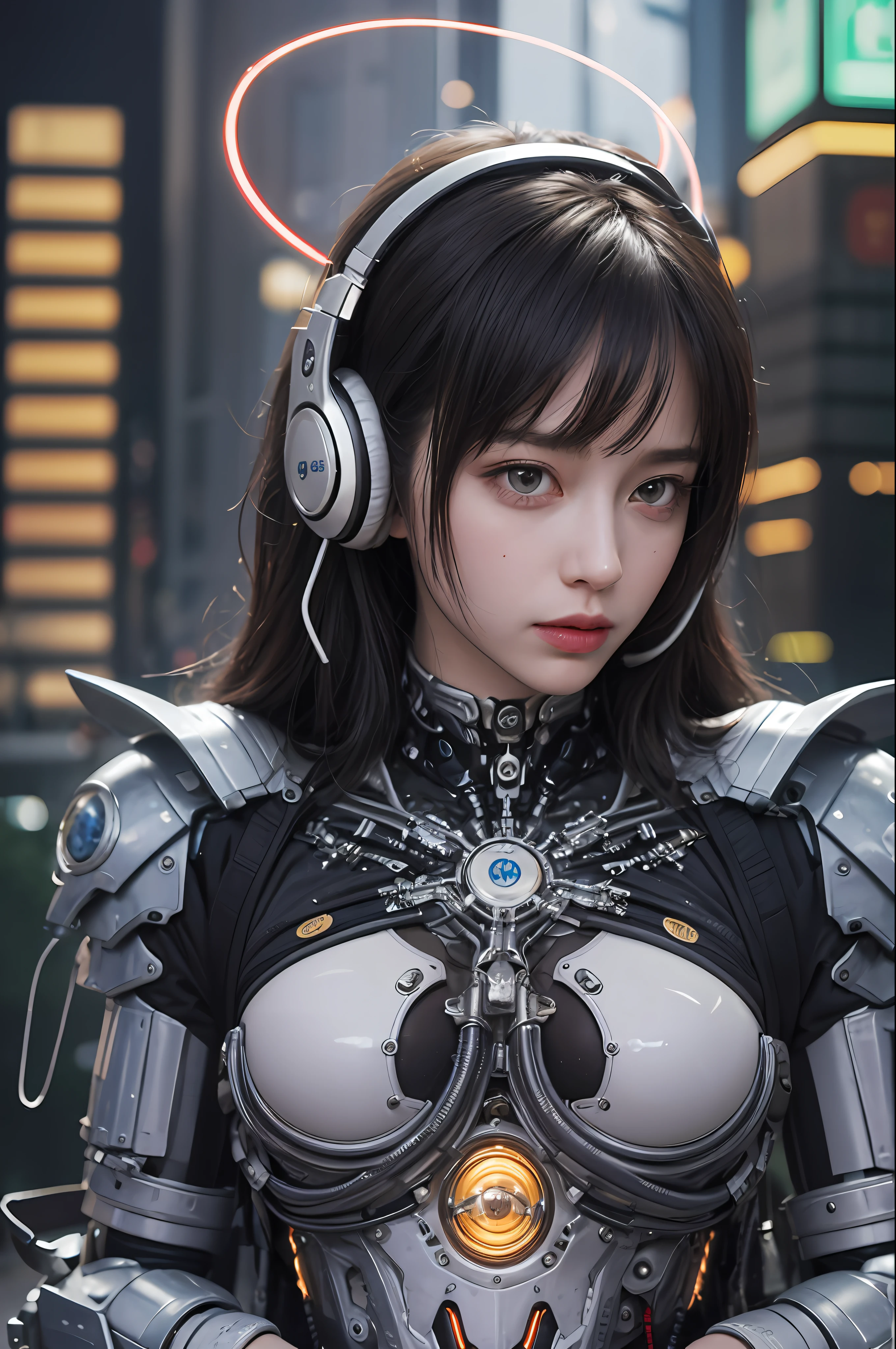 top-quality、​masterpiece、超A high resolution、(Photorealsitic:1.4)、Raw photo、女の子1人、Black hair、glowy skin、1 Mechanical Girl、((super realistic details))、Portrait、Global Illumination、Shadow、Octane Render、8K、ultrasharp、huge tit、Raw skin is exposed in cleavage、Metal、Details of complex ornaments、headset on head、Hydraulic cylinder、highly intricate detail、Realistic light、CGSoation Trends、Purple eyes、Glowing eyes、Facing the camera、neon details、Mechanical limbs、blood vessels connected to tubes、Mechanical vertebrae attached to the back、mechanical cervical attaching to neck、Sitting、Wires and cables connecting to the head、Evangelion、Cyberpunk、Small LED lamp、CPU、Luminous tube、perfectly proportions、The background is the cockpit of a futuristic spaceship、