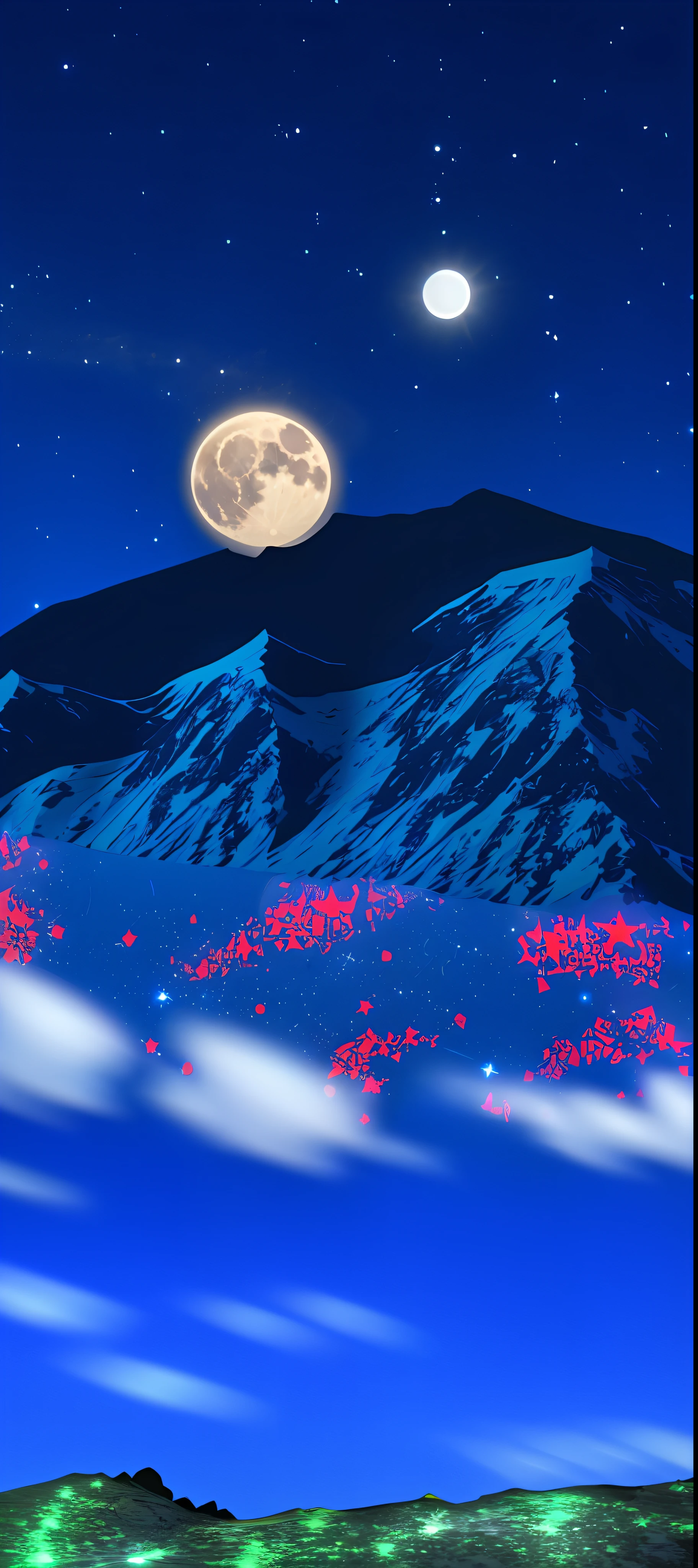 A bright moon is added above the summit,Add a few more stars