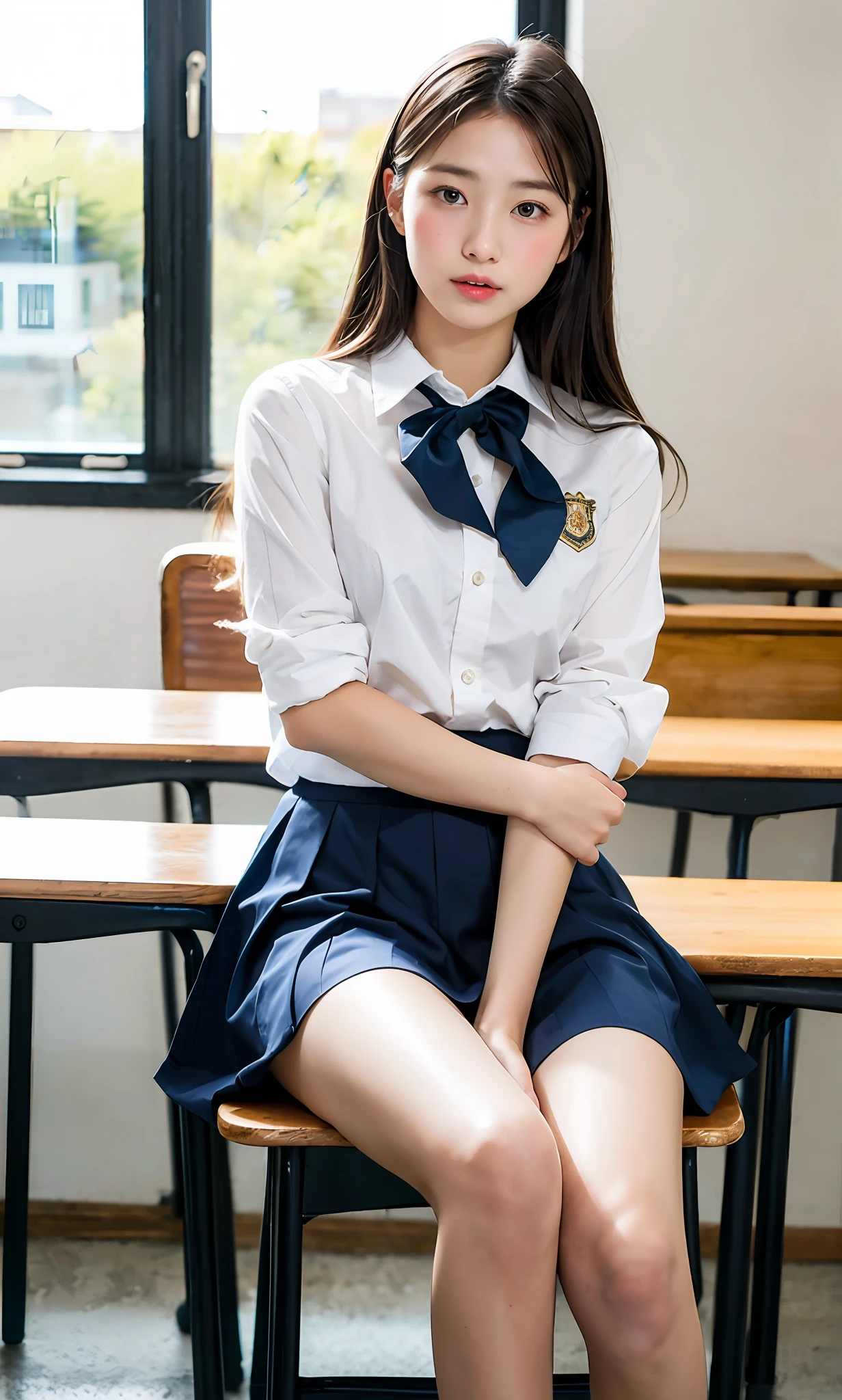 ulzzang-6500-v1.1, (RAW photogr:1.2), (realisticlying:1.4), Beautiful Meticulous Girl, Very detailed eyes and face, Beautiful breakdown, absurderes, Incredibly Ridiculous res, ultra - detailed, A high resolution, The is very detailed, best qualtiy, tmasterpiece, ((Japan Girls' High School Junior High School Uniform)), in class room, By the window and outside the blue sky, unified, 8k wallpaper, That's great, finedetail, tmasterpiece, high high quality, Highly detailed CG uniform 8k wallpaper,电影灯光,16yo girl,(dynamicposes))),(camel-toe),(Sit with your legs spread out))