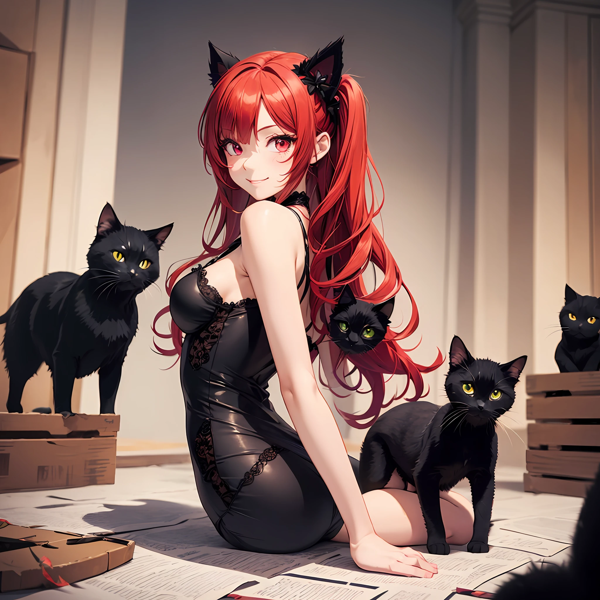Anime filling,Two-dimensional illustration,Red hair,Half Twin Tail,shorth hair,Big eyes,a smile,a beauty girl,cute little,Super Cute,Black cat ears,Red Eyes,Ruffled Clothes,Black lace clothes,Inner colorGreen,One girl,Full body painting --auto