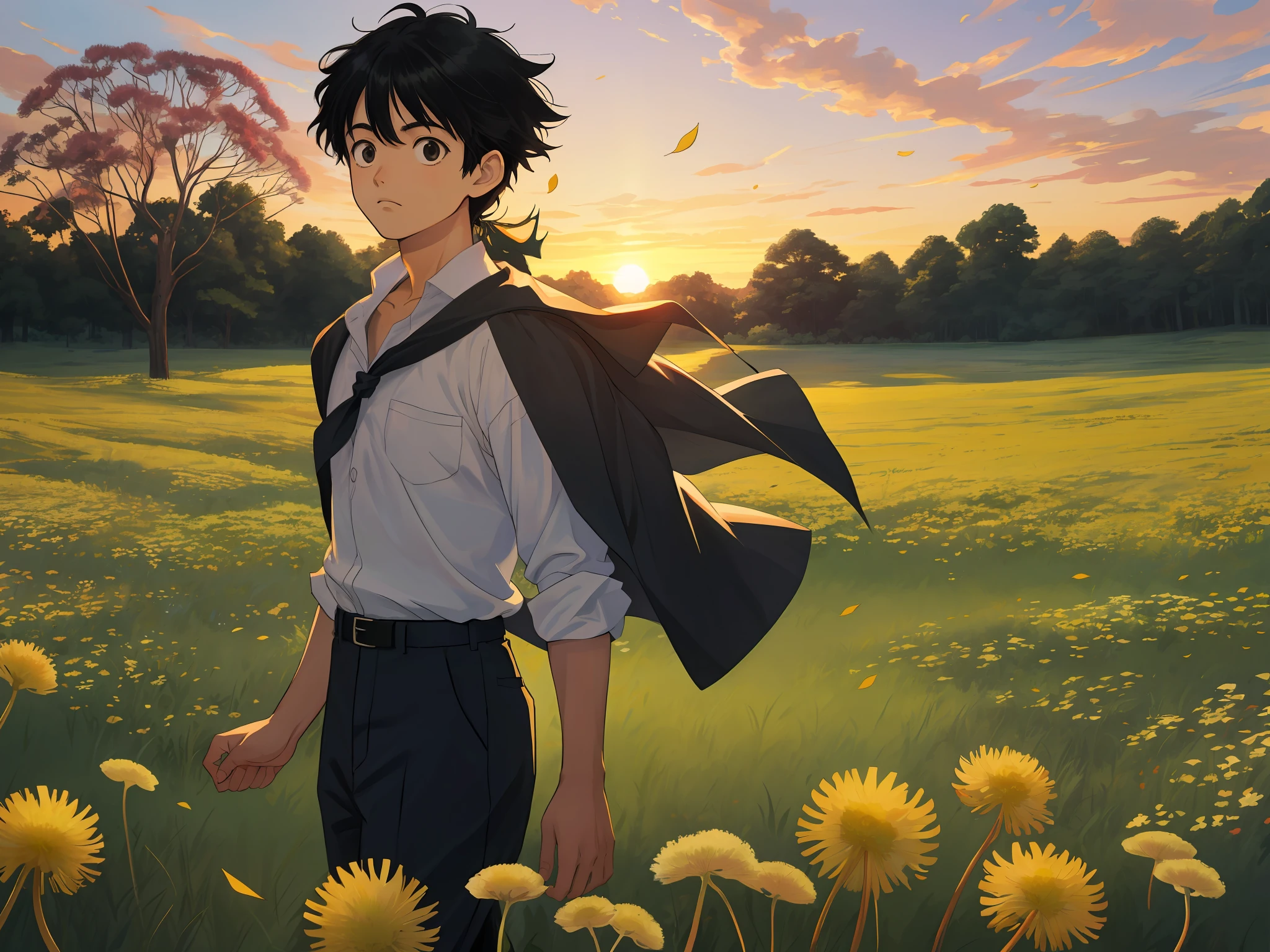 In the woods，Among the flowers，In the sunset，There was a boy in a white shirt，Cute boy，Kentaro Miura's artistic style，style of anime，Chasing dandelions，The wind blows off leaves