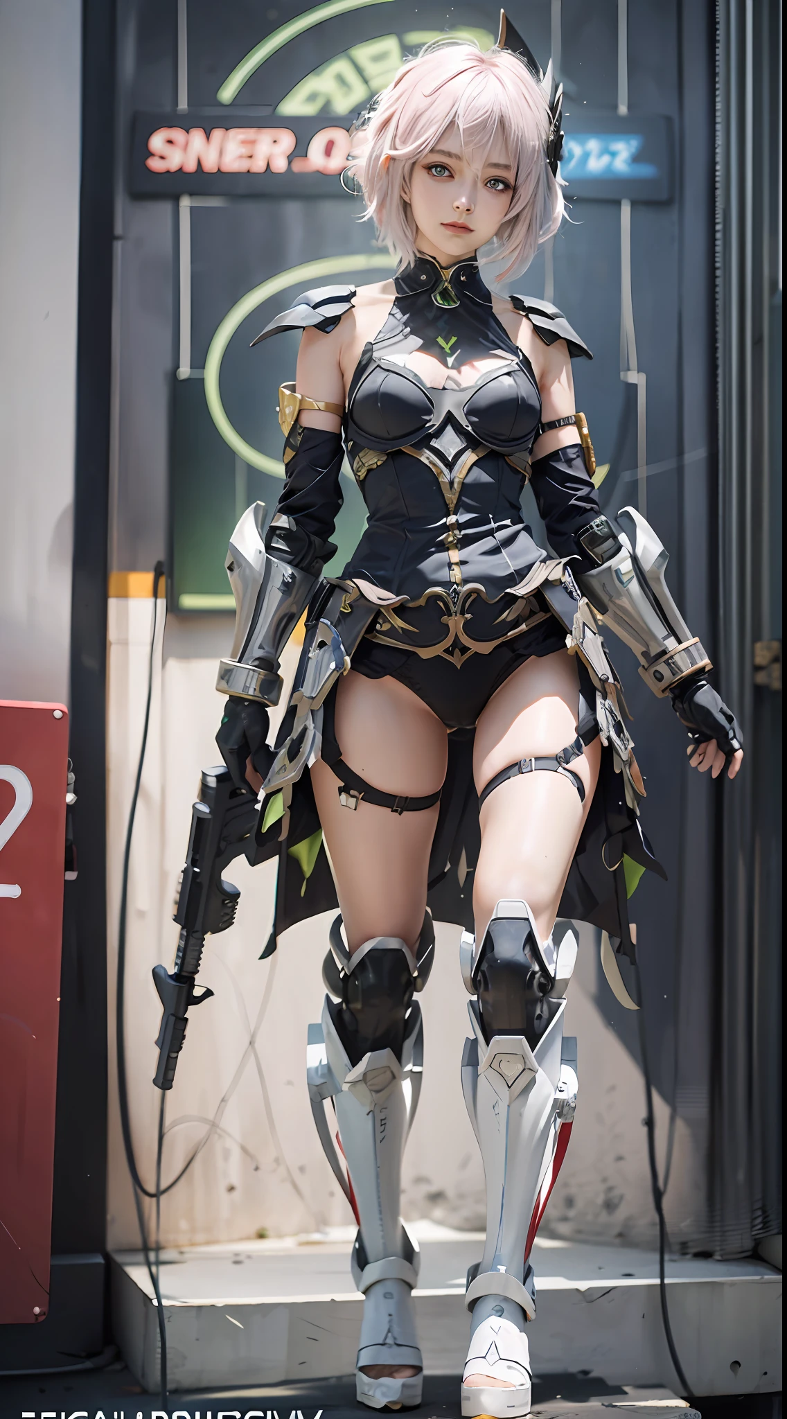 1girll，araffed robot with a gun and a gun in its hand, Seductive body，Full body pink armor，Super cute girl, female mecha, wlop and krenz cushart, 4k highly detailed digital art, anime robotic mixed with organic, High quality digital concept art, by Krenz Cushart, cyberpunk anime girl mech，Pink and white mech, girl in mecha cyber armor, Impressive face， delicated face，facial closeups， Elaborate Eyes，Exquisite body details， Best Tech Poster，Best 4k anime wallpapers，Reasonable body structure，Short pink hair，Hair details of the mechanism，Reasonable body structure，laser，wing，Cool weapon，A body，Reasonable body structure