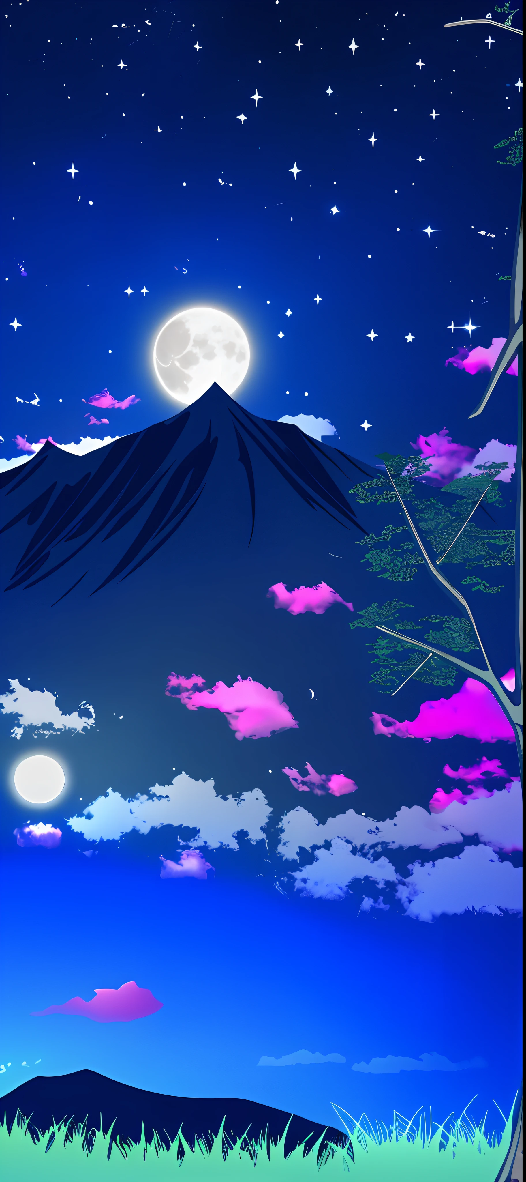A bright moon is added above the summit,Add a few more stars