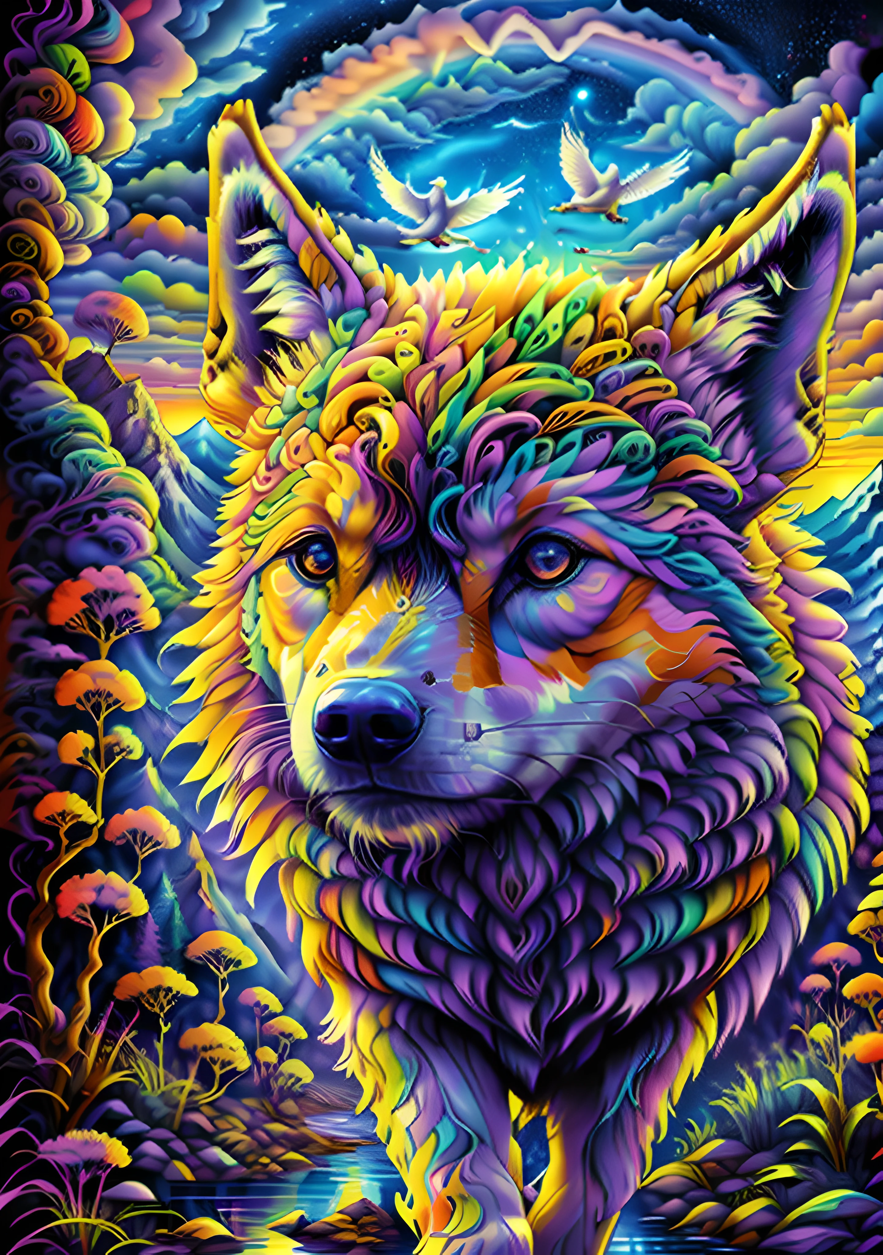 3 wolfes running through the field ,mountains ,rural landscape ,wilderness, bird of prey flying high ,stunning visuals ,multi dimensional ,quilling paper,psychedlic clouds, art, sunset reflects on the lake,2 rainbows above,chibi, yang08k, beautiful, colorful, Masterpieces, top quality, best quality, official art, beautiful and aesthetic,((8K ultra realistic))