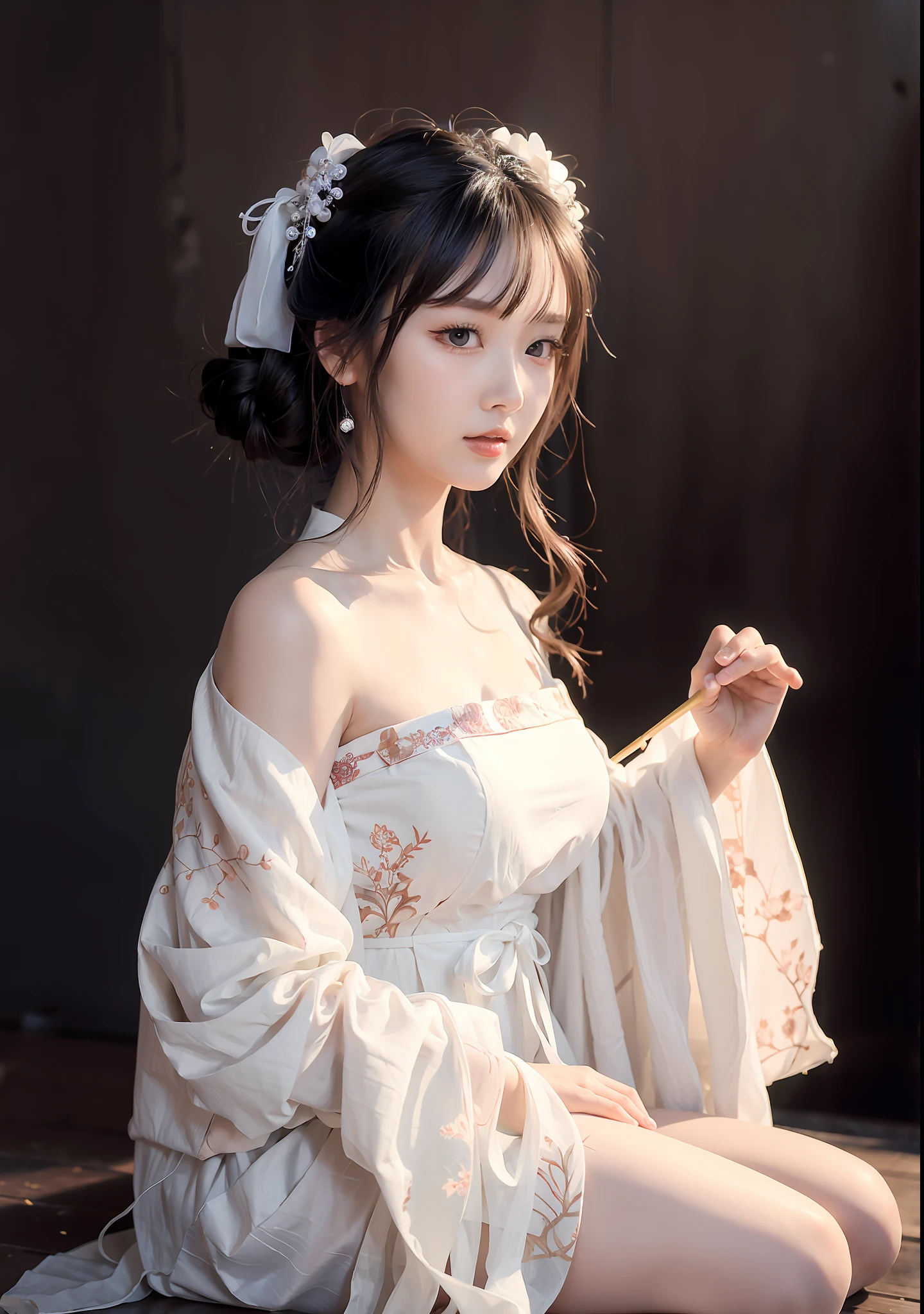 there is a woman sitting on the floor in a white dress, white hanfu, palace ， a girl in hanfu, hanfu, wearing ancient chinese clothes, guweiz, ethereal beauty, artwork in the style of guweiz, a beautiful fantasy empress, traditional chinese clothing, chinese costume, traditional chinese, pale milky white porcelain skin