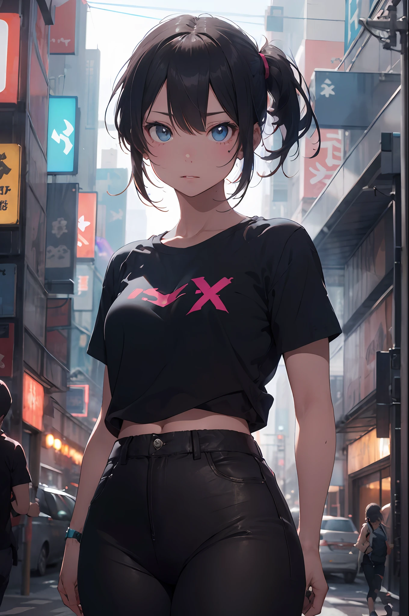 (cyberpunk:1.3) , Stylish woman looking at camera, black pants, black t-shirt, melancholic lighting, quiet, calm, brightness, masterpiece, best quality, 1girl, (JinxLol:1.2), (ultra photorealistic:1.3), (masterpiece:1.4), best quality, ((realistic)), high quality, ultra detailed, ((real image)), ((realistic skin)), ((realistic face)),(illustration:1.05), (beautiful:1.05), (beautiful detailed eyes:1.05), (cinematic light:1.1), blue on the detachments,  perfect whole body, slender silhouette, slim, small breasts, thick thighs, black and blue clothing, white sneakers