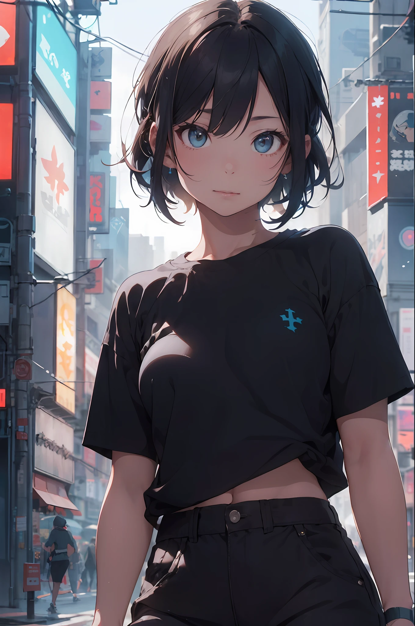 (cyberpunk:1.3) , Stylish woman looking at camera, black pants, black t-shirt, melancholic lighting, quiet, calm, brightness, masterpiece, best quality, 1girl, (JinxLol:1.2), (ultra photorealistic:1.3), (masterpiece:1.4), best quality, ((realistic)), high quality, ultra detailed, ((real image)), ((realistic skin)), ((realistic face)),(illustration:1.05), (beautiful:1.05), (beautiful detailed eyes:1.05), (cinematic light:1.1), blue on the detachments,  perfect whole body, slender silhouette, slim, small breasts, thick thighs, black and blue clothing, white sneakers