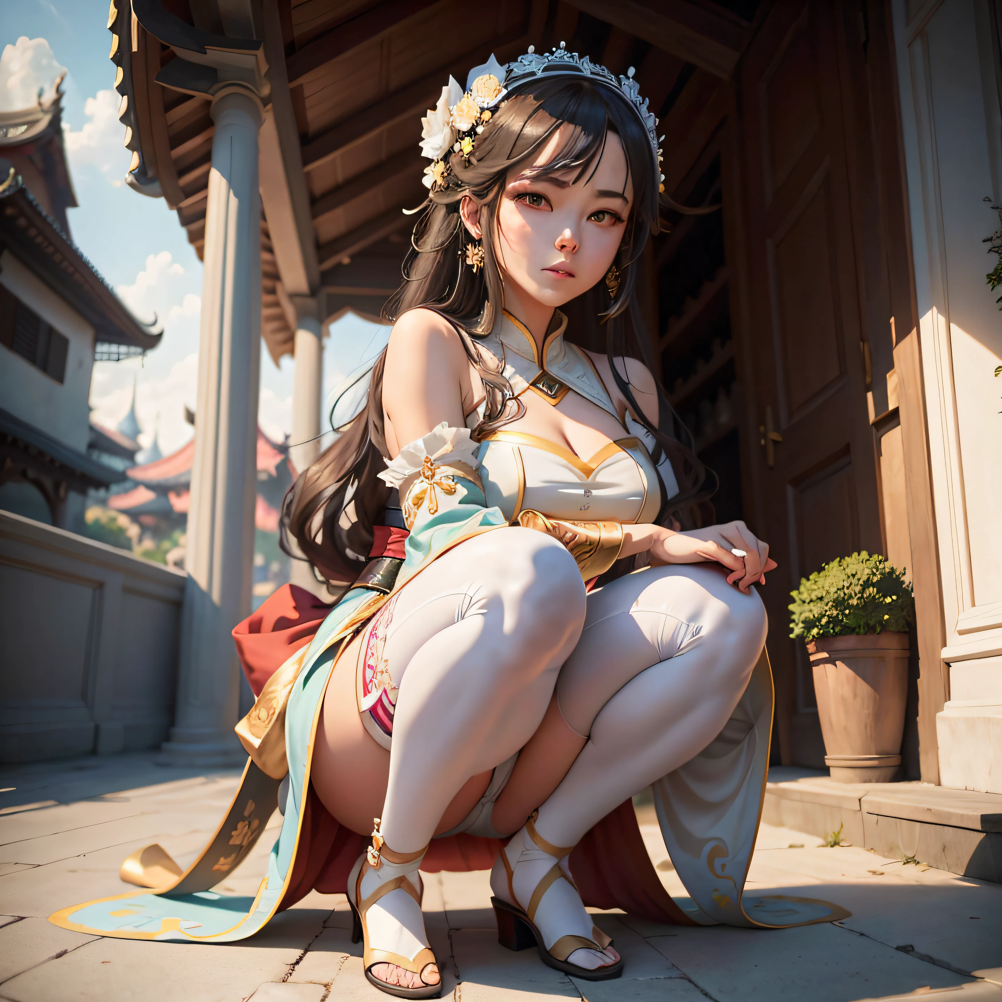 On the terrace sat a woman in a costume, Guviz-style artwork, Guviz, Palace , A girl in Hanfu, trending on cgstation, guweiz masterpiece, Guweiz in Pixiv ArtStation, Guweiz on ArtStation Pixiv, beautiful anime girl crouching, Anime girl squatting thigh white stockings --auto