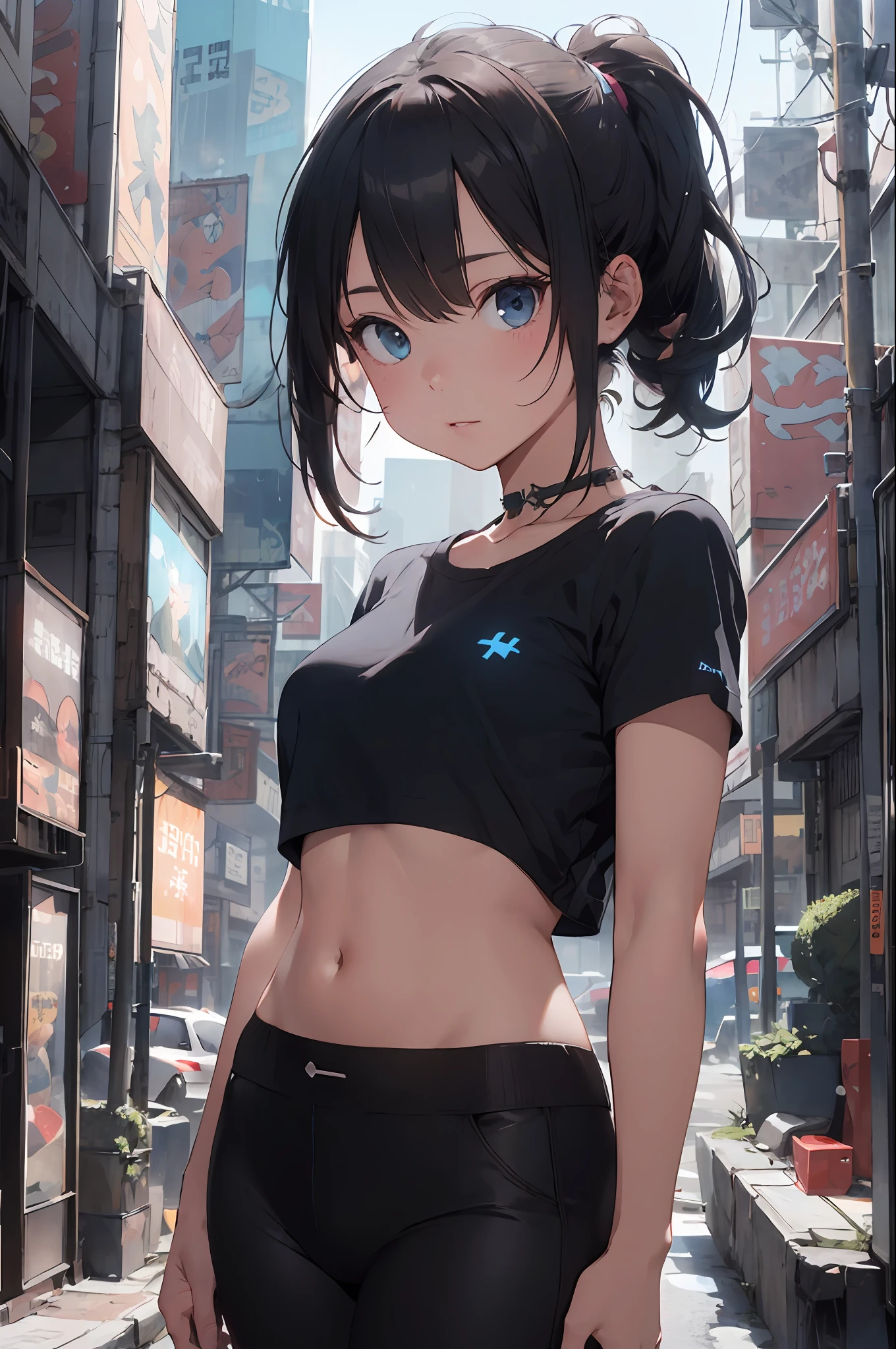 (cyberpunk:1.3) , Stylish woman looking at camera, black pants, black t-shirt, melancholic lighting, quiet, calm, brightness, masterpiece, best quality, 1girl, (JinxLol:1.2), (ultra photorealistic:1.3), (masterpiece:1.4), best quality, ((realistic)), high quality, ultra detailed, ((real image)), ((realistic skin)), ((realistic face)),(illustration:1.05), (beautiful:1.05), (beautiful detailed eyes:1.05), (cinematic light:1.1), blue on the detachments, perfect whole body, slender silhouette, slim, small breasts, thick thighs, black and blue clothing, white sneakers
