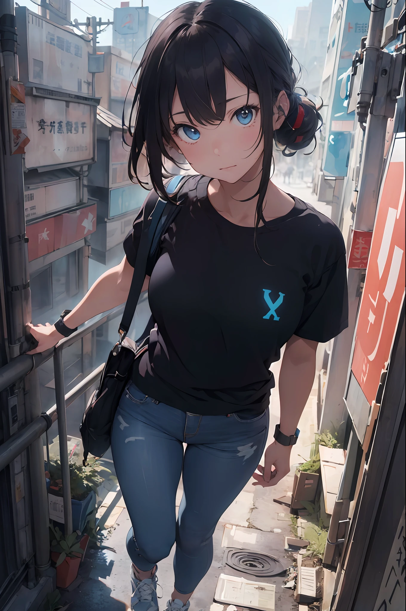 (cyberpunk:1.3) , Stylish woman looking at camera, black pants, black t-shirt, melancholic lighting, quiet, calm, brightness, masterpiece, best quality, 1girl, (JinxLol:1.2), (ultra photorealistic:1.3), (masterpiece:1.4), best quality, ((realistic)), high quality, ultra detailed, ((real image)), ((realistic skin)), ((realistic face)),(illustration:1.05), (beautiful:1.05), (beautiful detailed eyes:1.05), (cinematic light:1.1), blue on the detachments, perfect whole body, slender silhouette, slim, small breasts, thick thighs, black and blue clothing, white sneakers