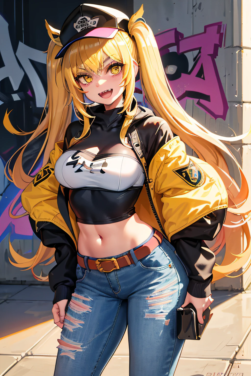 Original Character, Volumetric Lighting, Best Shadows, Shallow Depth of Field, Portrait Of Stunningly Beautiful Girl, Petite, Delicate Beautiful Attractive Face With Alluring Yellow Eyes, Messy Painted Face, Sharp Eyebrows, Broadly Smiling, Open Mouth, Fangs Out, Lovely Medium Breasts, Layered Long Twintail Blond Hair, Blush Eyeshadow, Thick Eyelashes, Applejack Hat, Oversized Pop Jacket, Mini Underboob Tee, Open Navel, Slim Waist, Denim Jeans Pants, With Buckle Belt, In The Graffiti Alley, Waste Container, Outside Stairs, Outdoor Unit, Holding Spray Paint Can, Standing, (Highest Quality, Amazing Details:1.25), (Solo:1.3), Brilliant Colorful Paintings