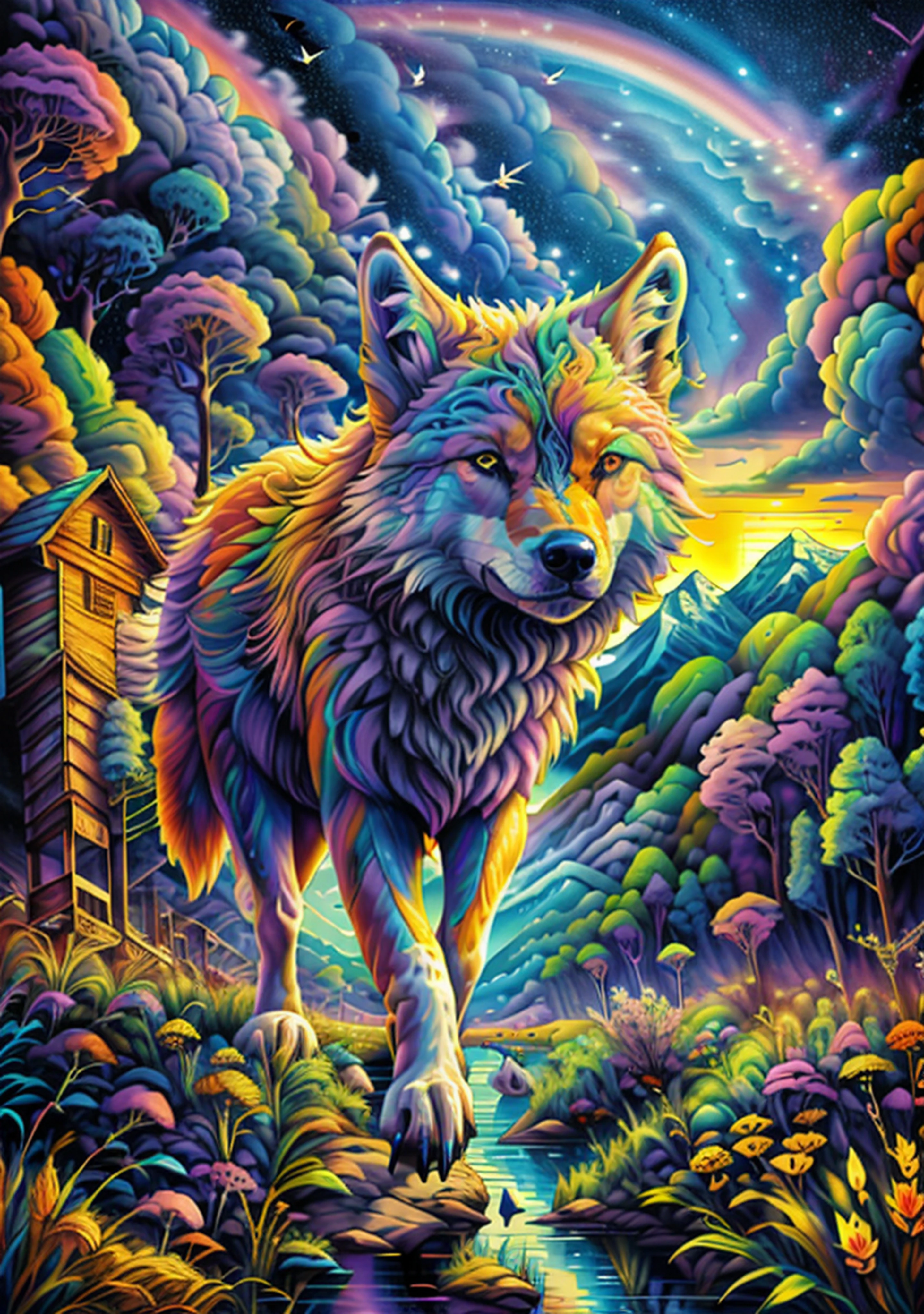 3 wolfes running through the field ,mountains ,rural landscape ,wilderness, bird of prey flying high ,stunning visuals ,multi dimensional ,quilling paper,psychedlic clouds, art, sunset reflects on the lake,2 rainbows above,chibi, yang08k, beautiful, colorful, Masterpieces, top quality, best quality, official art, beautiful and aesthetic,((8K ultra realistic))