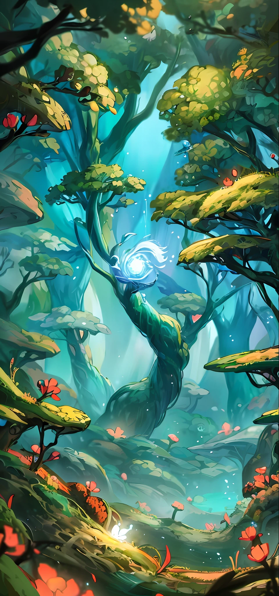 Digital painting, smooth, High quality, highly detailed sketch, magic, Flower Bridge, (Glowing balls:1.1) In the middle, (green forest:1.2), waterfallr, (spirit tree:1.1),