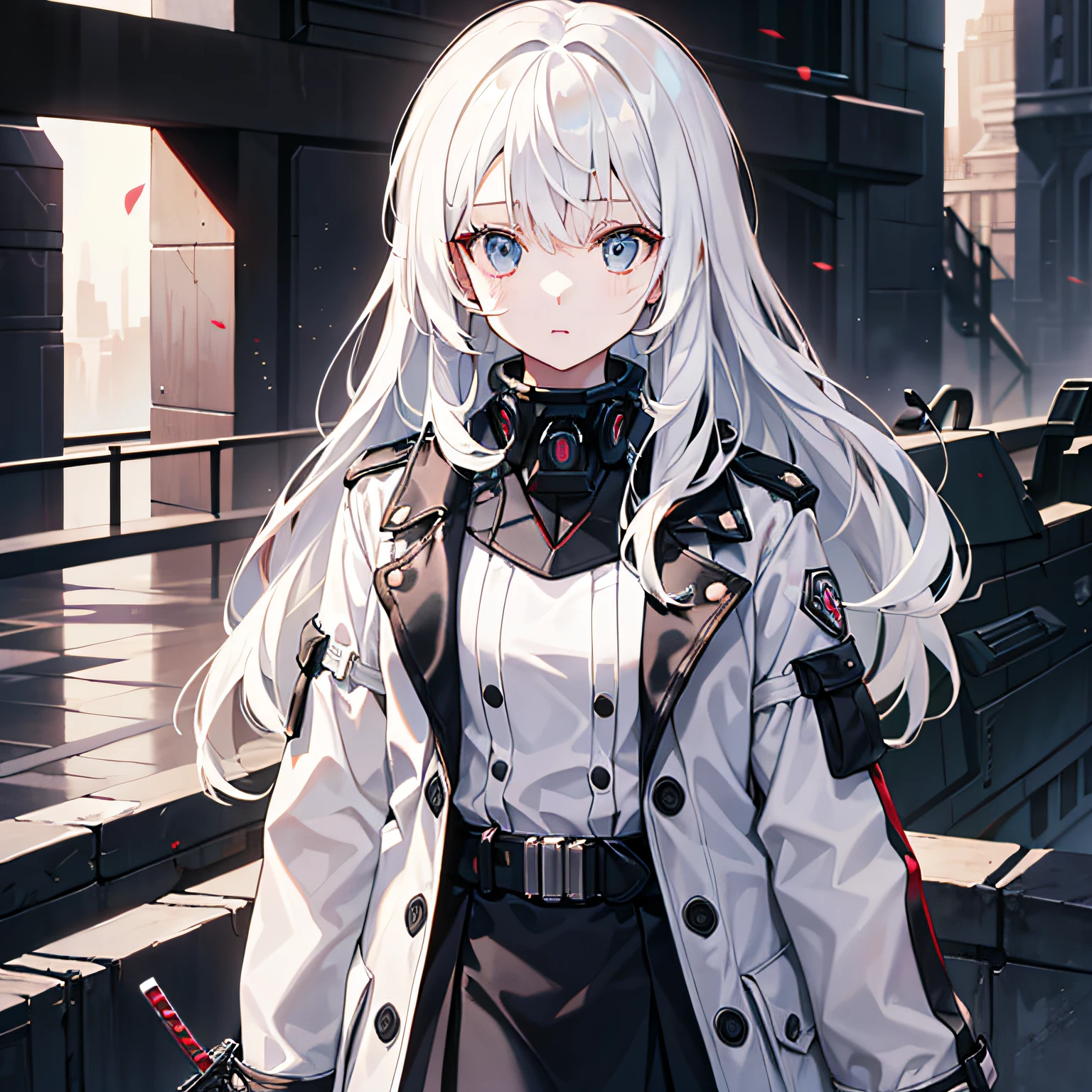 s girl，Hair color is white，mid - length hair，dishiveredhair，Hair flutters，Style future era，holding a black long knife，Black trench coat，The clothes have a strong sense of technology，In the background in the distance is a space battleship