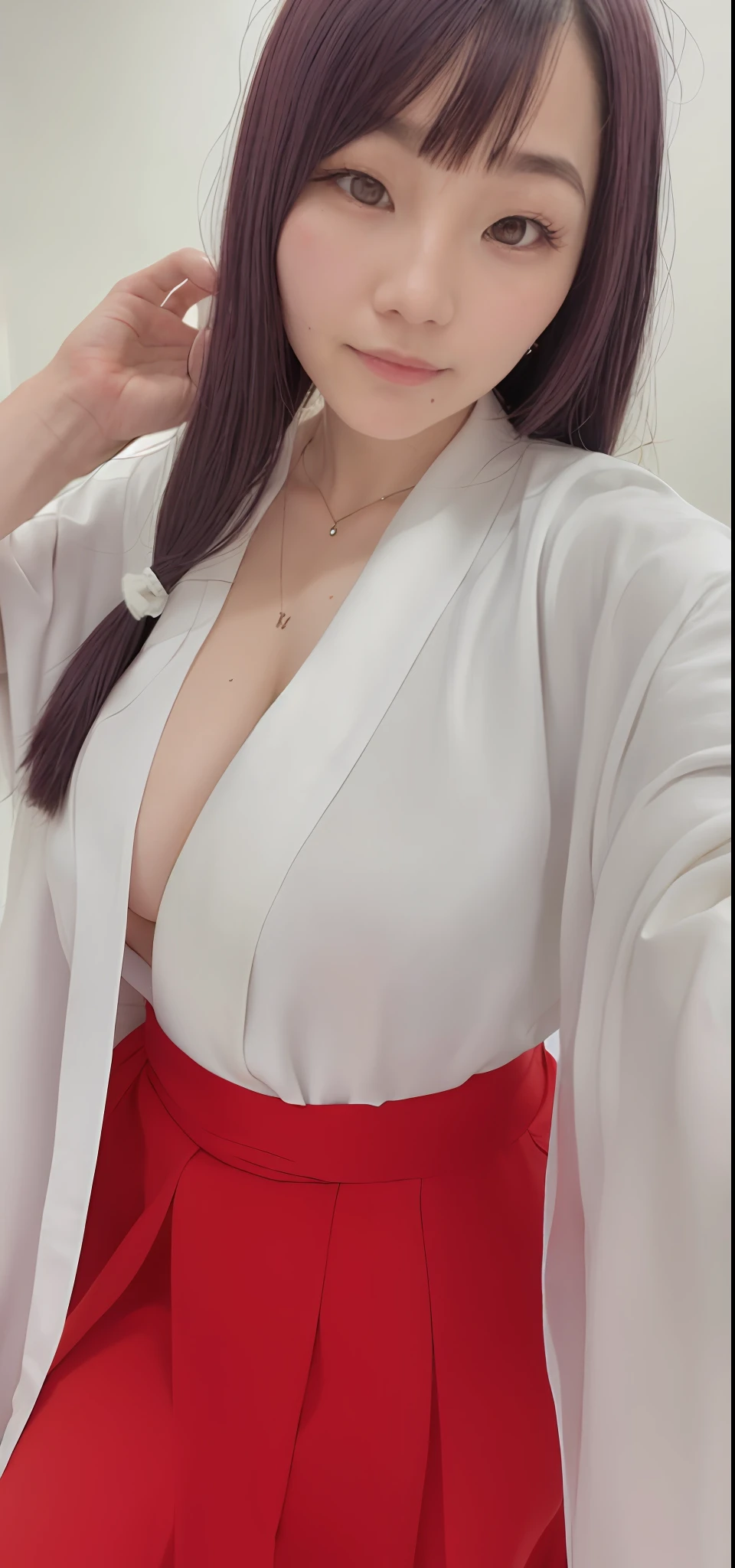 Alafed Asian woman in white shirt and red skirt poses for photo, wearing a simple robe,large full breasts、bra very、奈良美智, white hanfu, wearing white silk robe, Anime girl cosplay, with black pigtails, white hime cut hairstyle, wearing a white robe, Kotegawa Yui, flowing hair and long robes