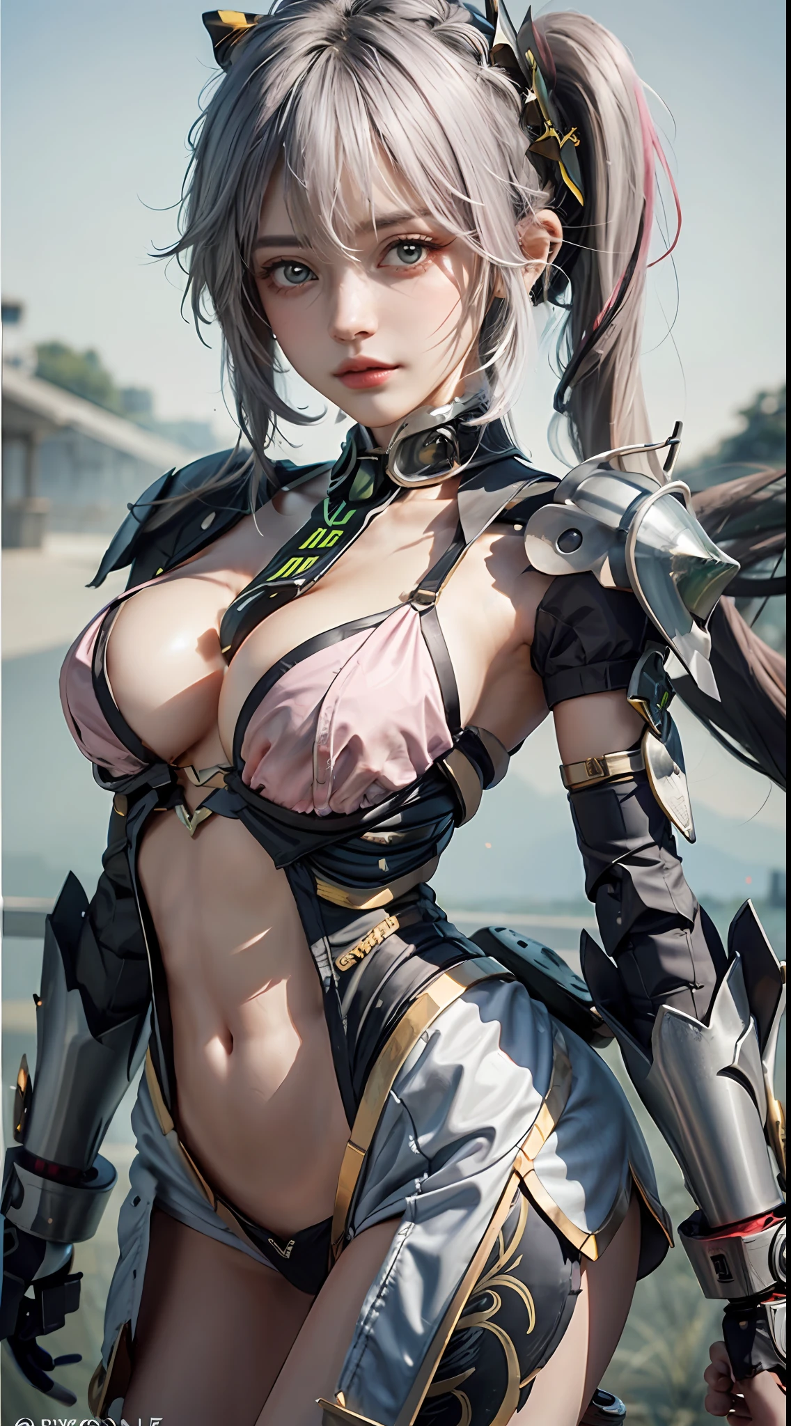 1girll,araffed robot with a gun and a gun in its hand, Seductive body,Pink clothes,Super cute girl,Monster background,Godzilla background,Huge mech back, female mecha, wlop and krenz cushart, 4k highly detailed digital art, anime robotic mixed with organic, High quality digital concept art, by Krenz Cushart, cyberpunk anime girl mech,Pink and white mech, girl in mecha cyber armor, Impressive face, delicated face,facial closeups,Elaborate Eyes, Handsome fighting stance,Particle,High detail in light and shadow,Push back feeling,future warrior,Exquisite body details,Best Tech Poster,Best 4k anime wallpapers,Reasonable body structure,Short pink hair,Hair details of the mechanism,Reasonable body structure,laser,wing,Cool weapon,A body,Reasonable body structure