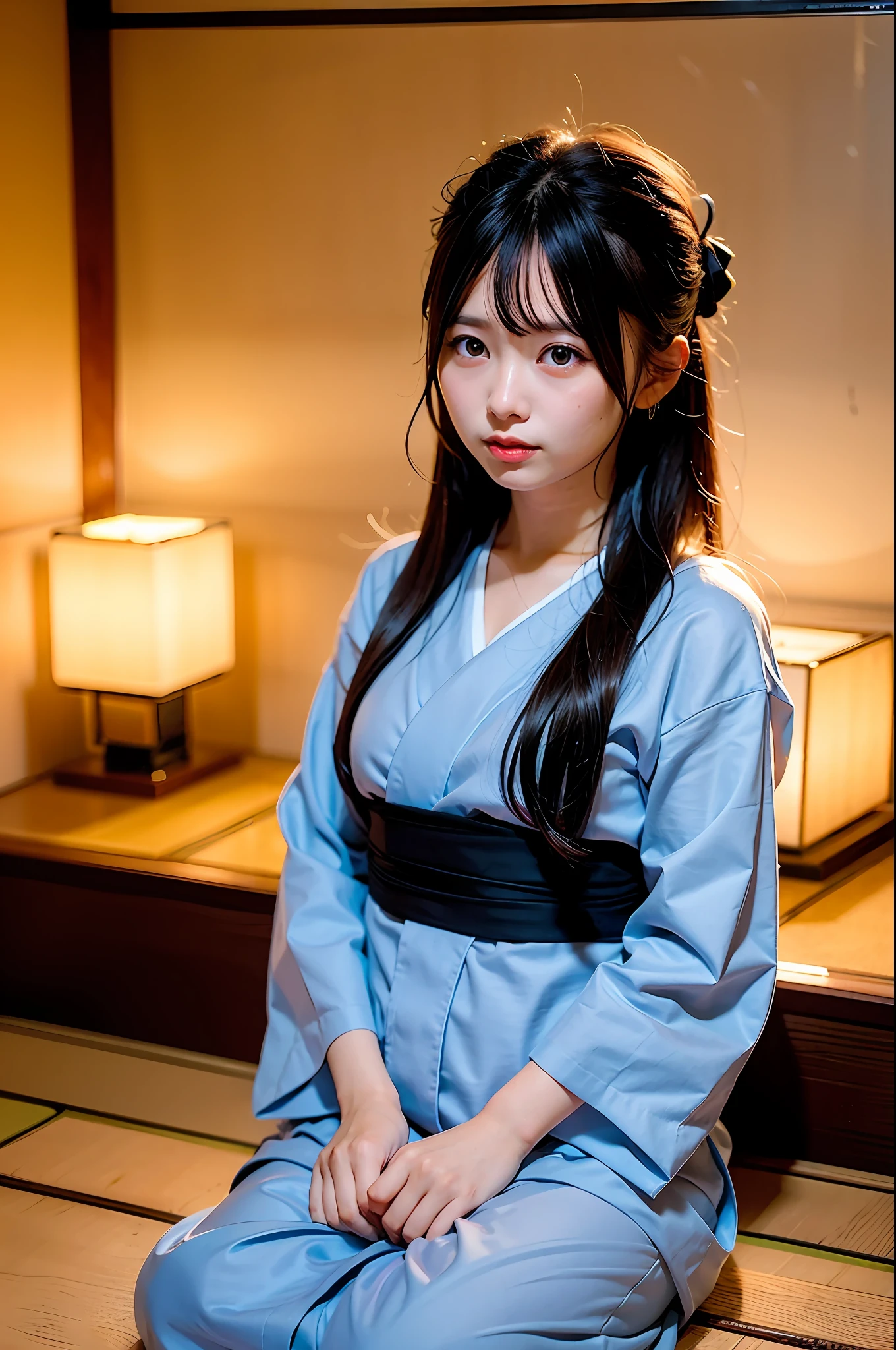 A dimly lit Japanese-style room with moonlight shining through the window　Japanese-style lamps that glow orange on the left and right sides of the screen　Colorful yukata with a view of the valley　Black hair long straight hair　large full breasts（Hcup）Baby Faced Girl　Futon on tatami mats