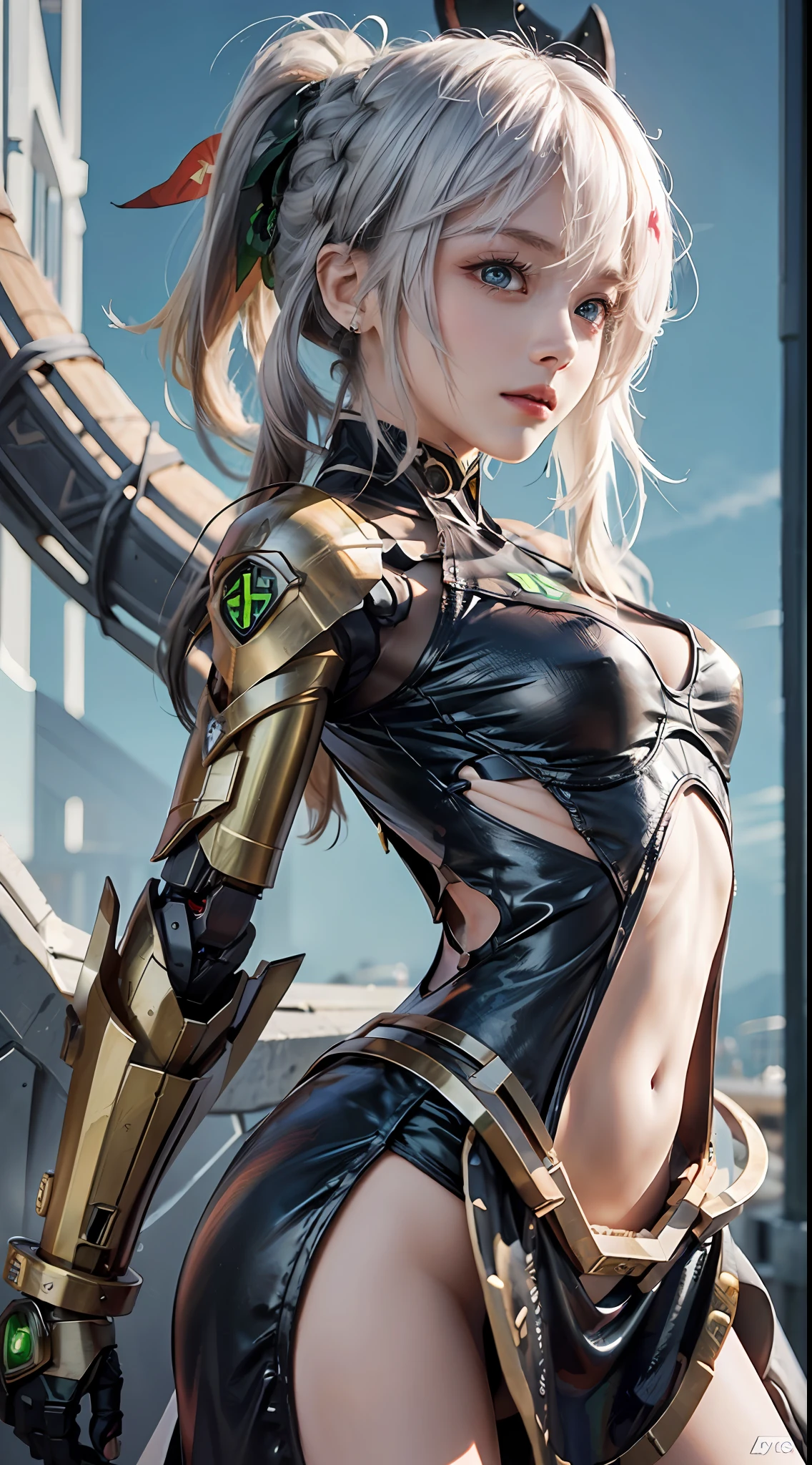 1girll，araffed robot with a gun and a gun in its hand, Seductive body，Pink clothes，Super cute girl，Monster background，Godzilla background，Huge mech back, female mecha, wlop and krenz cushart, 4k highly detailed digital art, anime robotic mixed with organic, High quality digital concept art, by Krenz Cushart, cyberpunk anime girl mech，Pink and white mech, girl in mecha cyber armor, Impressive face， delicated face，facial closeups，Elaborate Eyes， Handsome fighting stance，Particle，High detail in light and shadow，Push back feeling，future warrior，Exquisite body details，Best Tech Poster，Best 4k anime wallpapers，Reasonable body structure，Short pink hair，Hair details of the mechanism，Reasonable body structure，laser，wing，Cool weapon，A body，Reasonable body structure